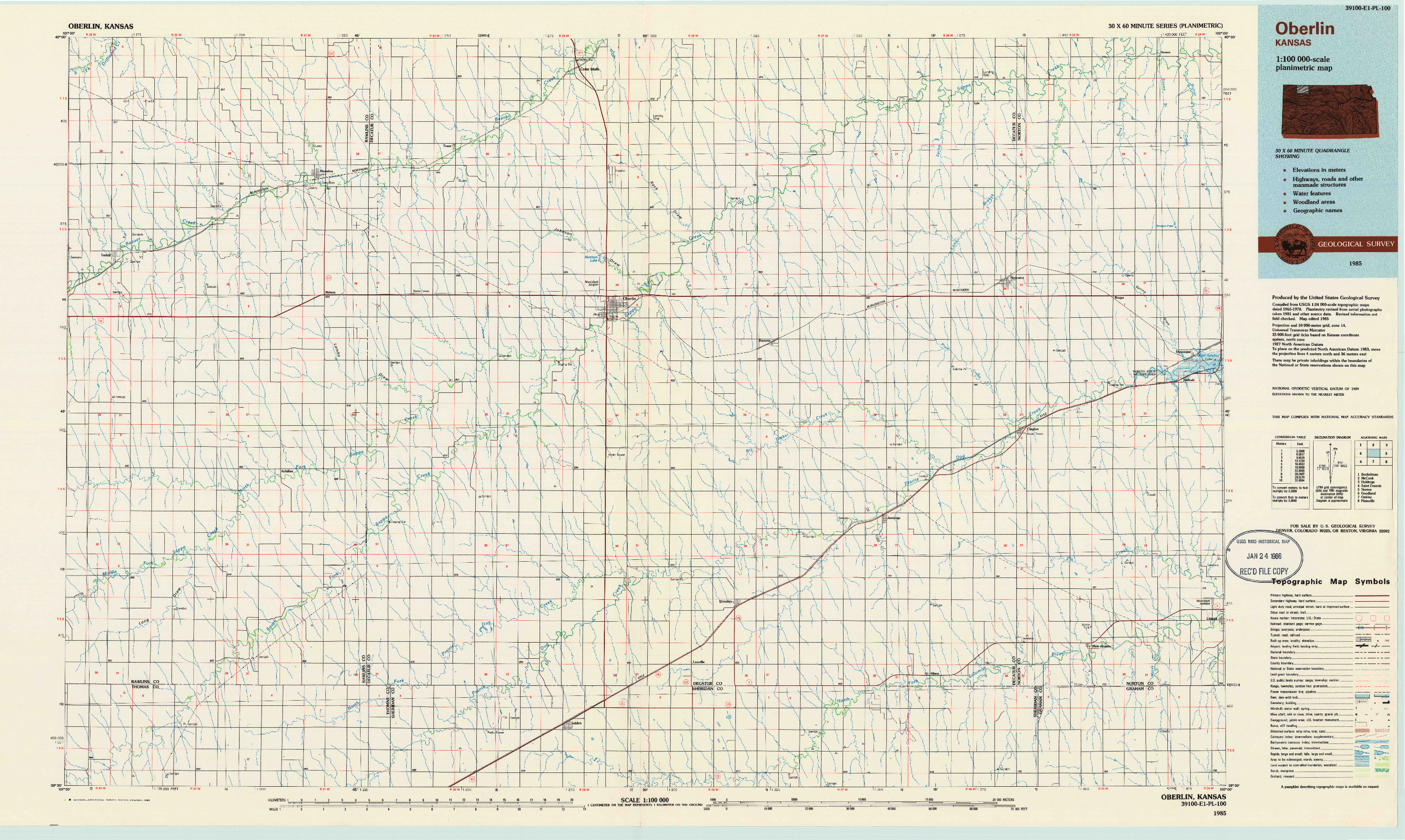 USGS 1:100000-SCALE QUADRANGLE FOR OBERLIN, KS 1985