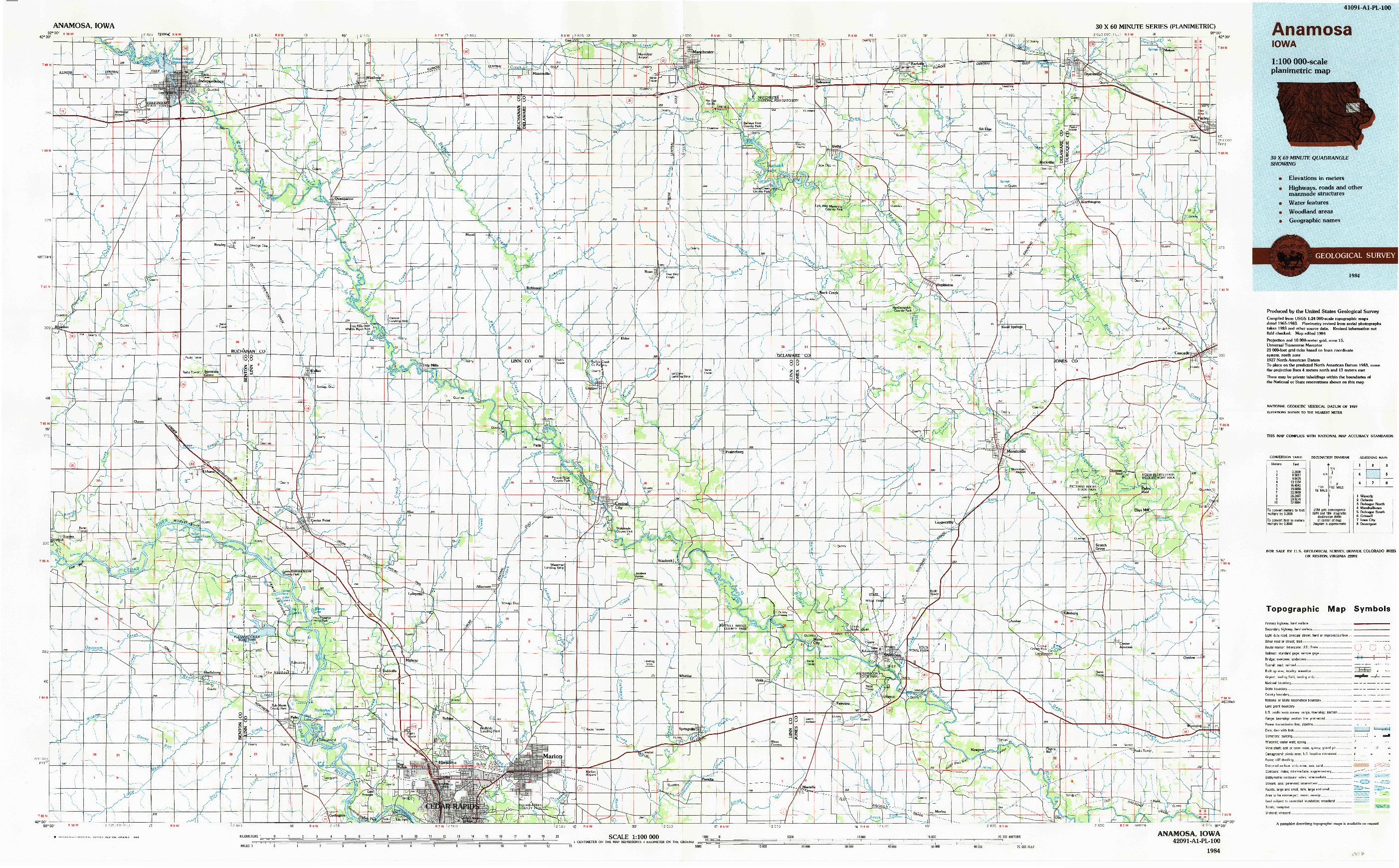 USGS 1:100000-SCALE QUADRANGLE FOR ANAMOSA, IA 1984
