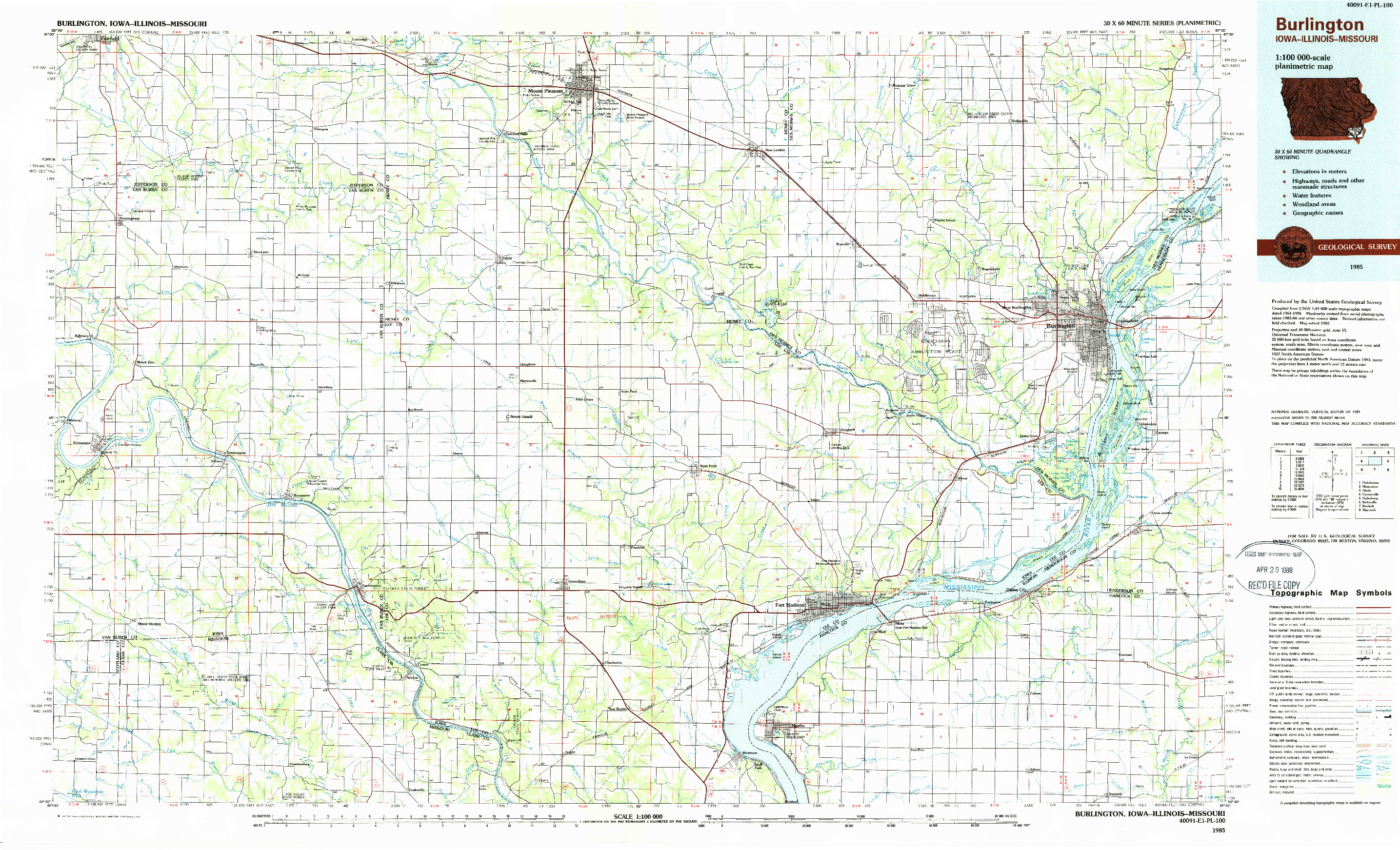 USGS 1:100000-SCALE QUADRANGLE FOR BURLINGTON, IA 1985