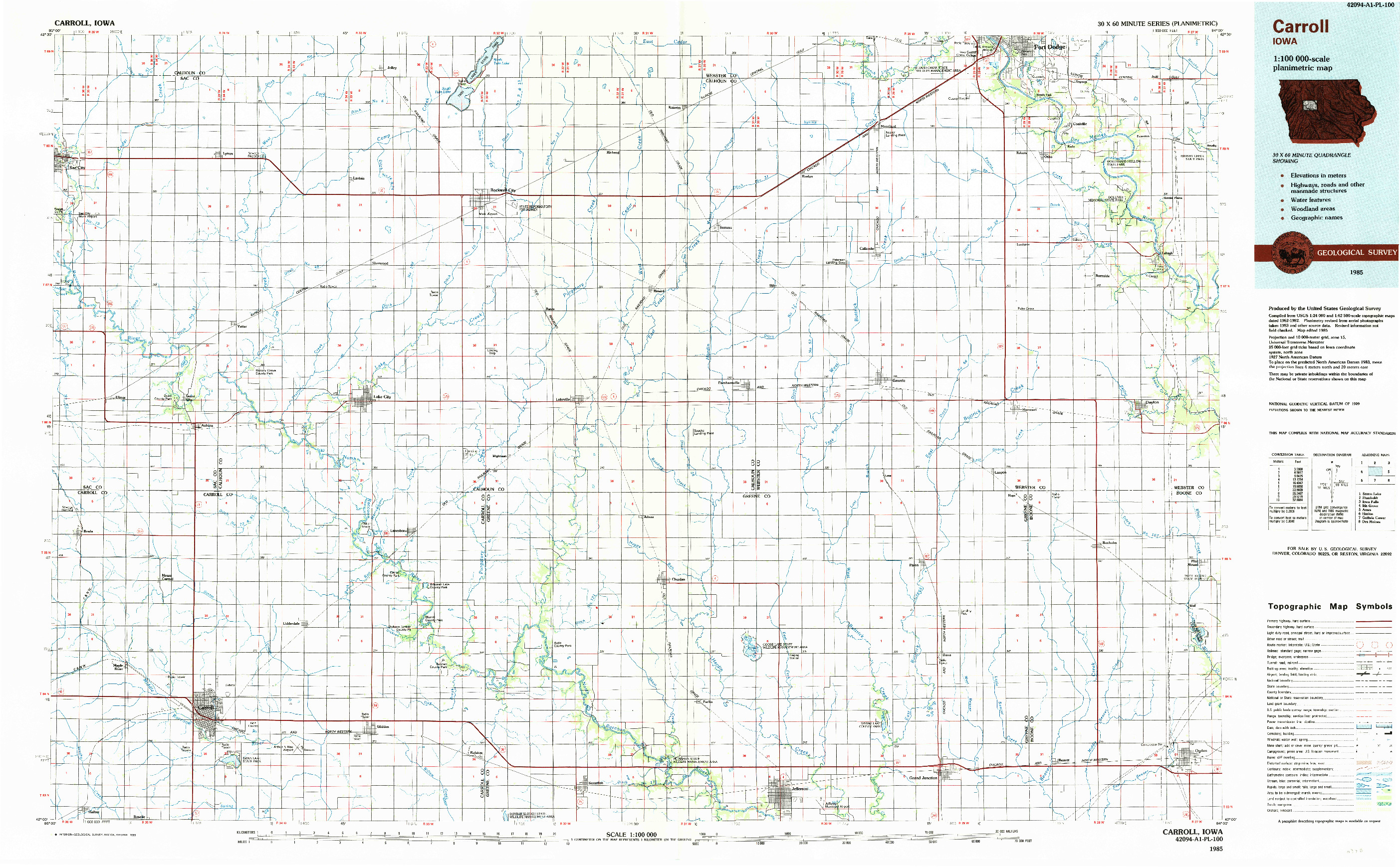 USGS 1:100000-SCALE QUADRANGLE FOR CARROLL, IA 1985