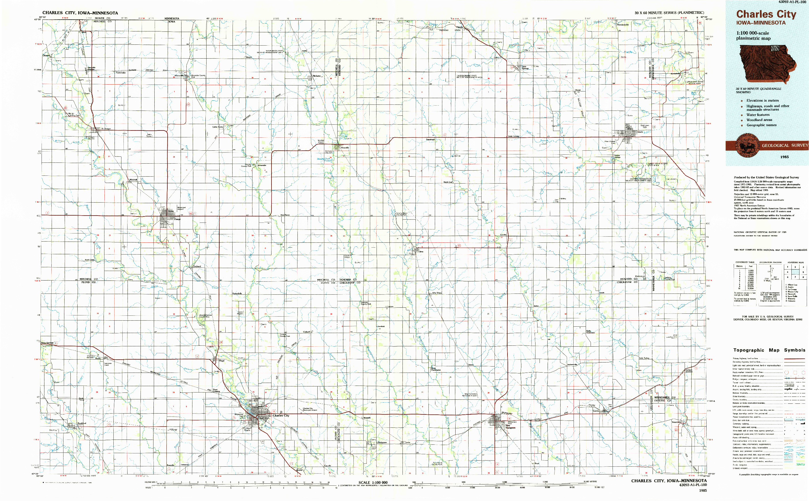 USGS 1:100000-SCALE QUADRANGLE FOR CHARLES CITY, IA 1985