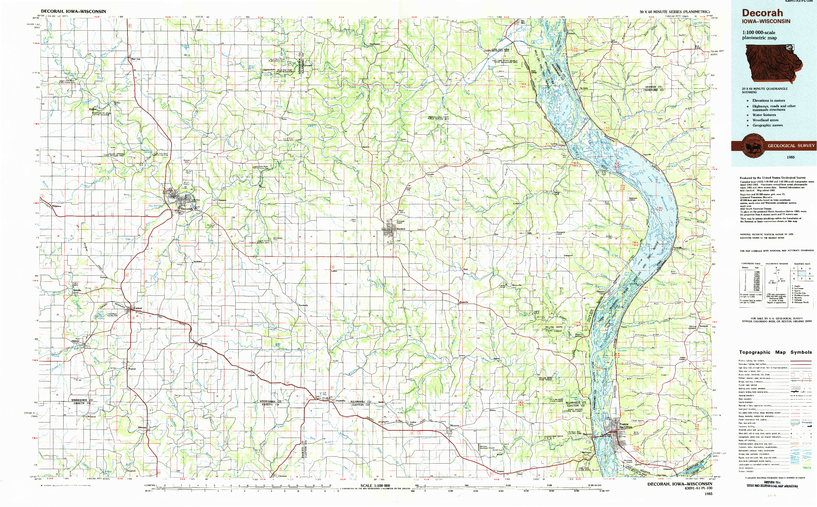 USGS 1:100000-SCALE QUADRANGLE FOR DECORAH, IA 1985