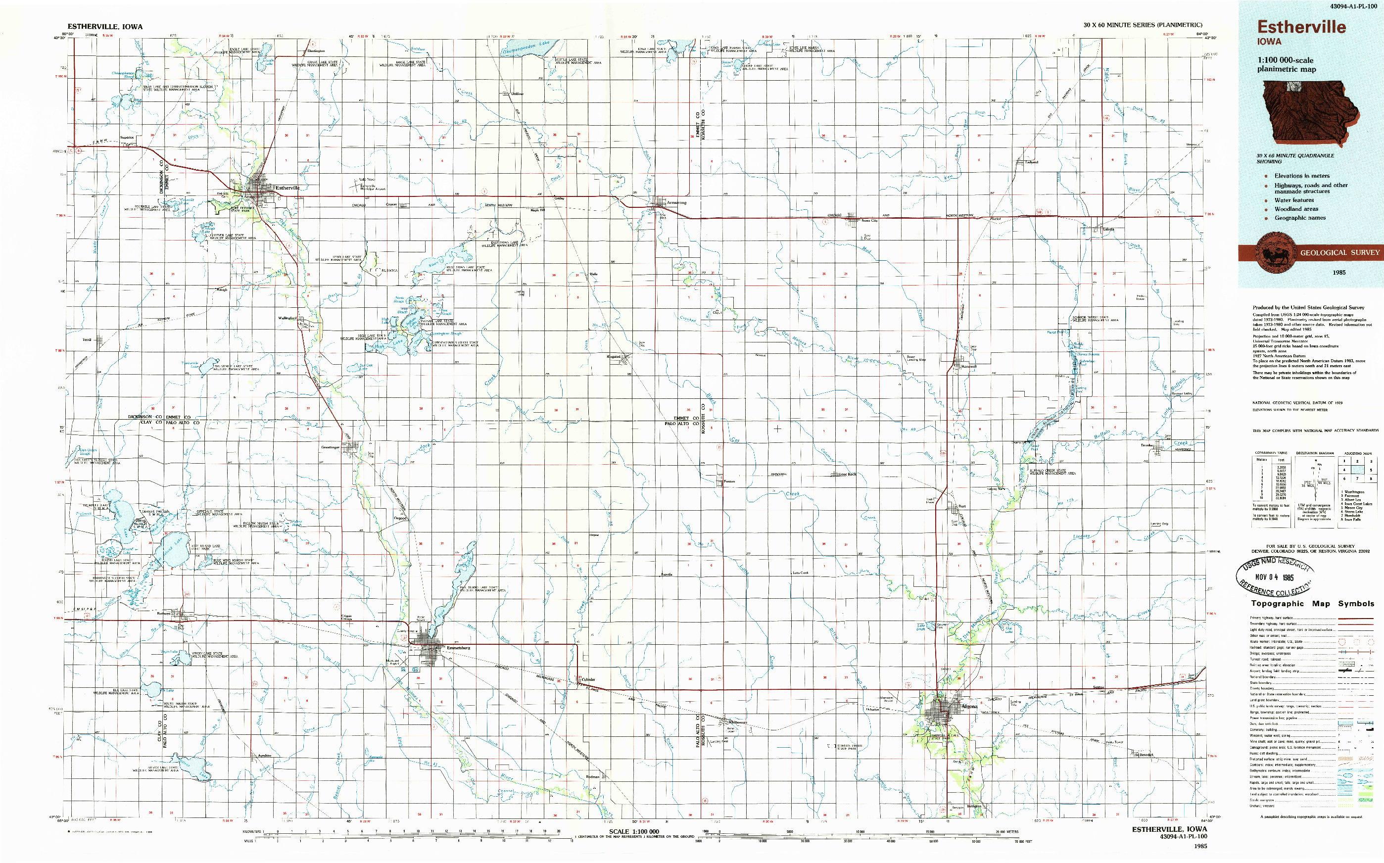 USGS 1:100000-SCALE QUADRANGLE FOR ESTHERVILLE, IA 1985