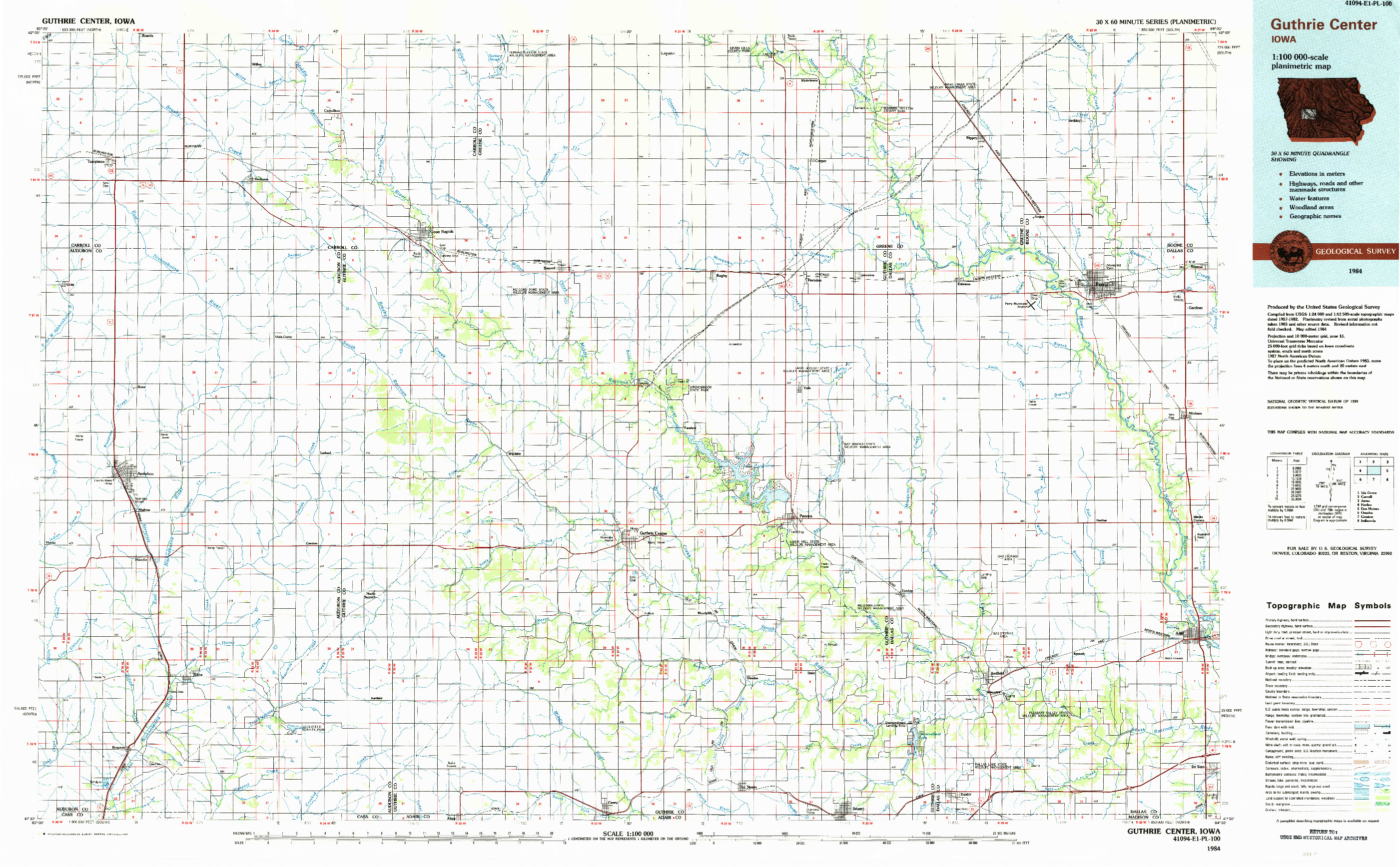 USGS 1:100000-SCALE QUADRANGLE FOR GUTHRIE CENTER, IA 1984