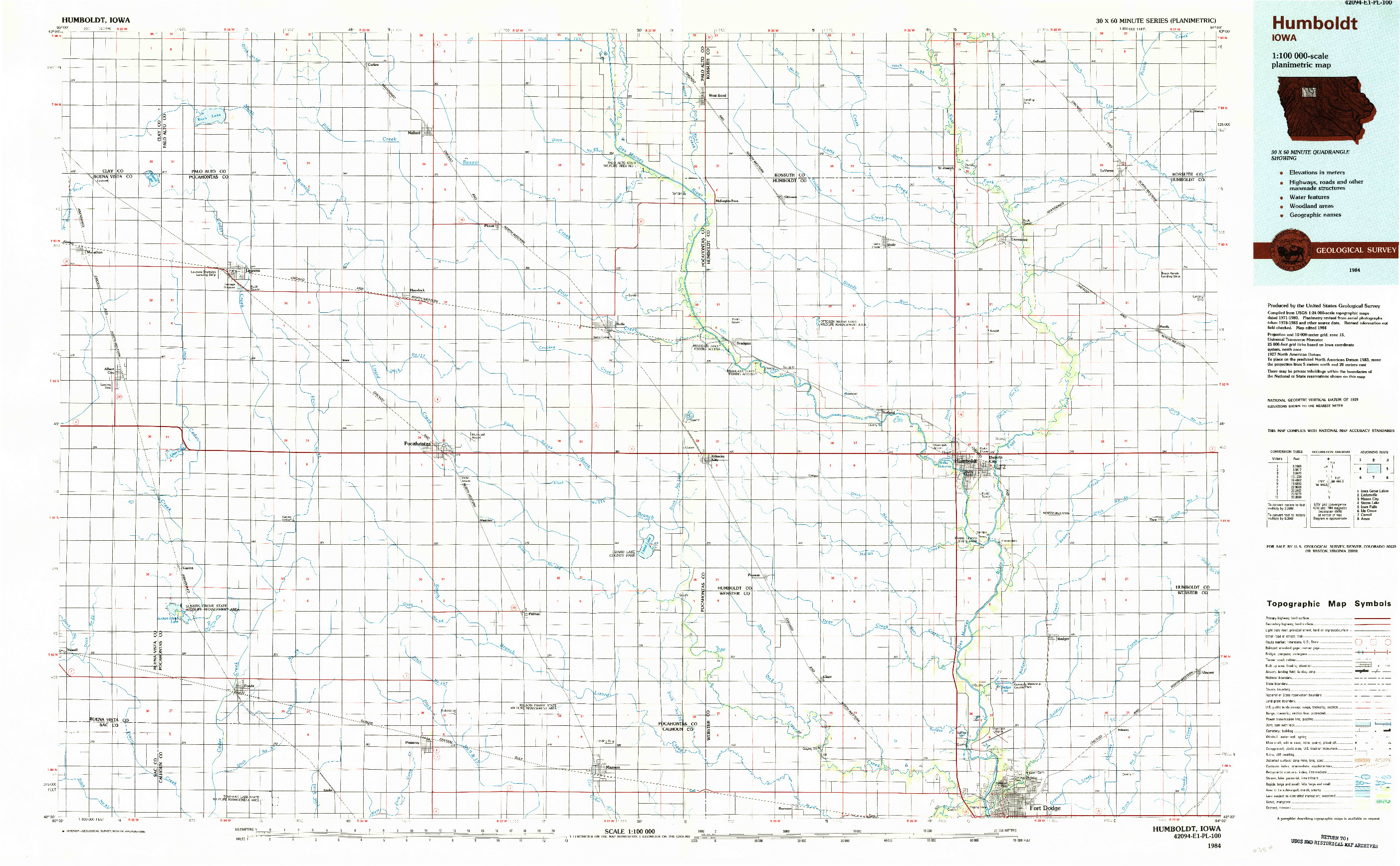 USGS 1:100000-SCALE QUADRANGLE FOR HUMBOLDT, IA 1984