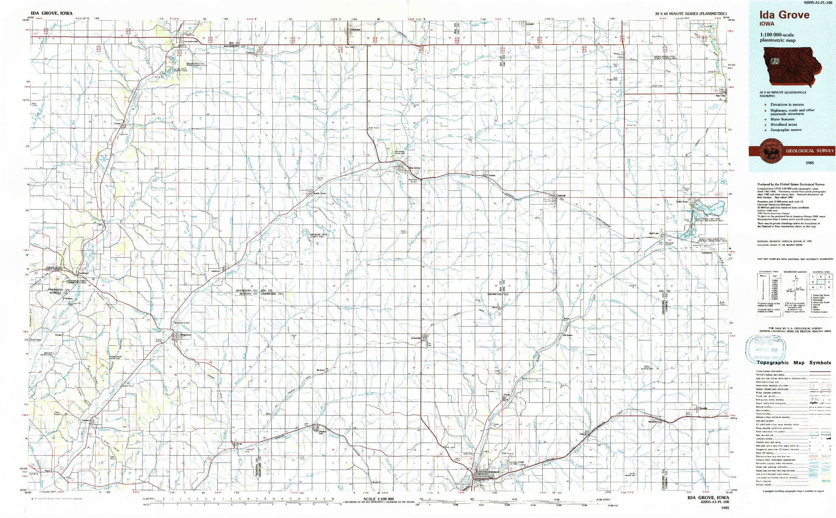 USGS 1:100000-SCALE QUADRANGLE FOR IDA GROVE, IA 1985