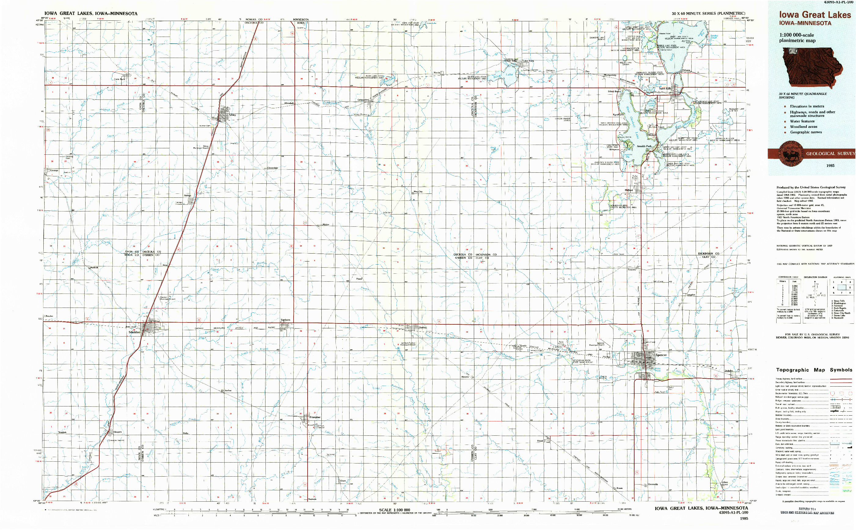 USGS 1:100000-SCALE QUADRANGLE FOR IOWA GREAT LAKES, IA 1985