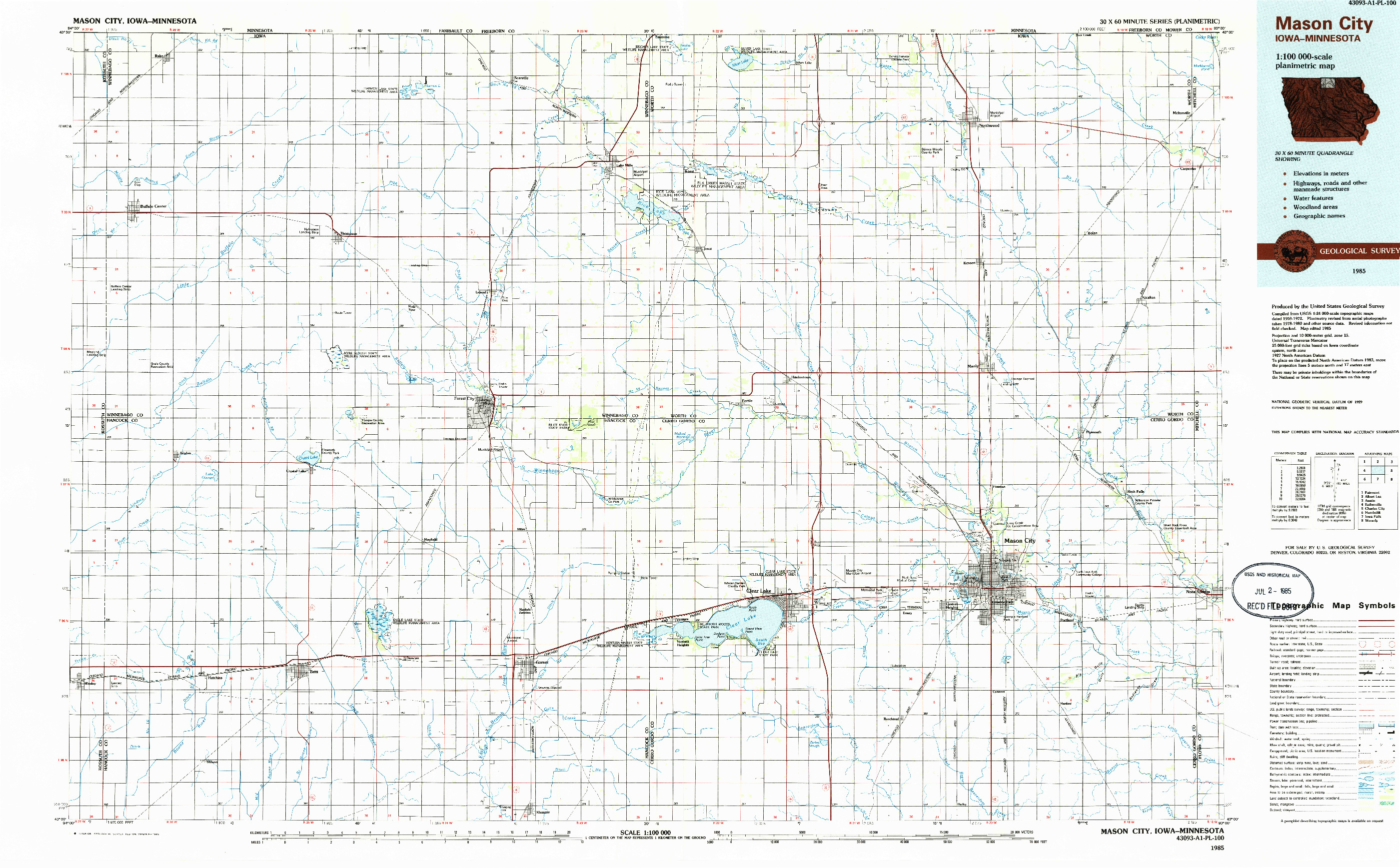 USGS 1:100000-SCALE QUADRANGLE FOR MASON CITY, IA 1985