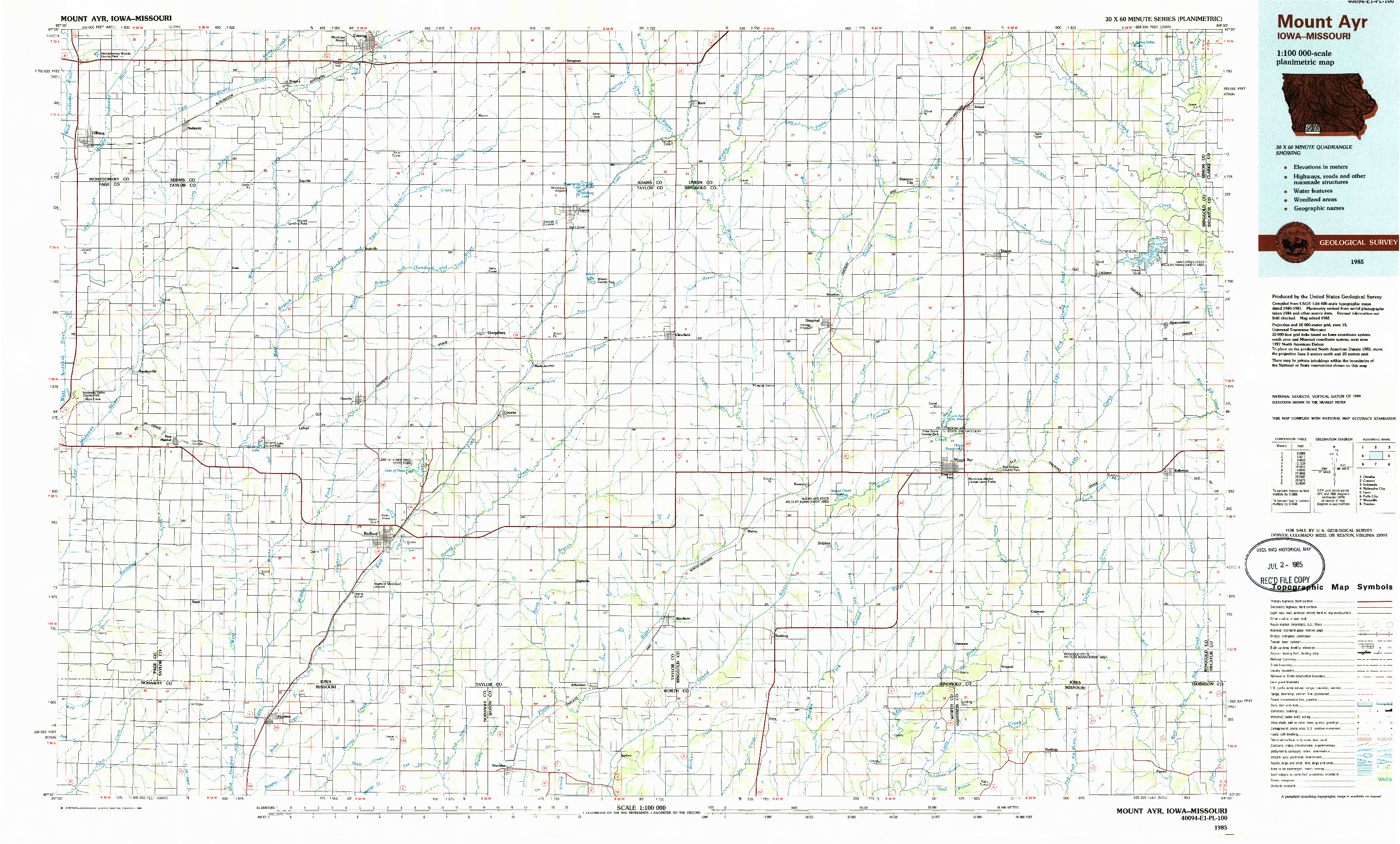 USGS 1:100000-SCALE QUADRANGLE FOR MOUNT AYR, IA 1985