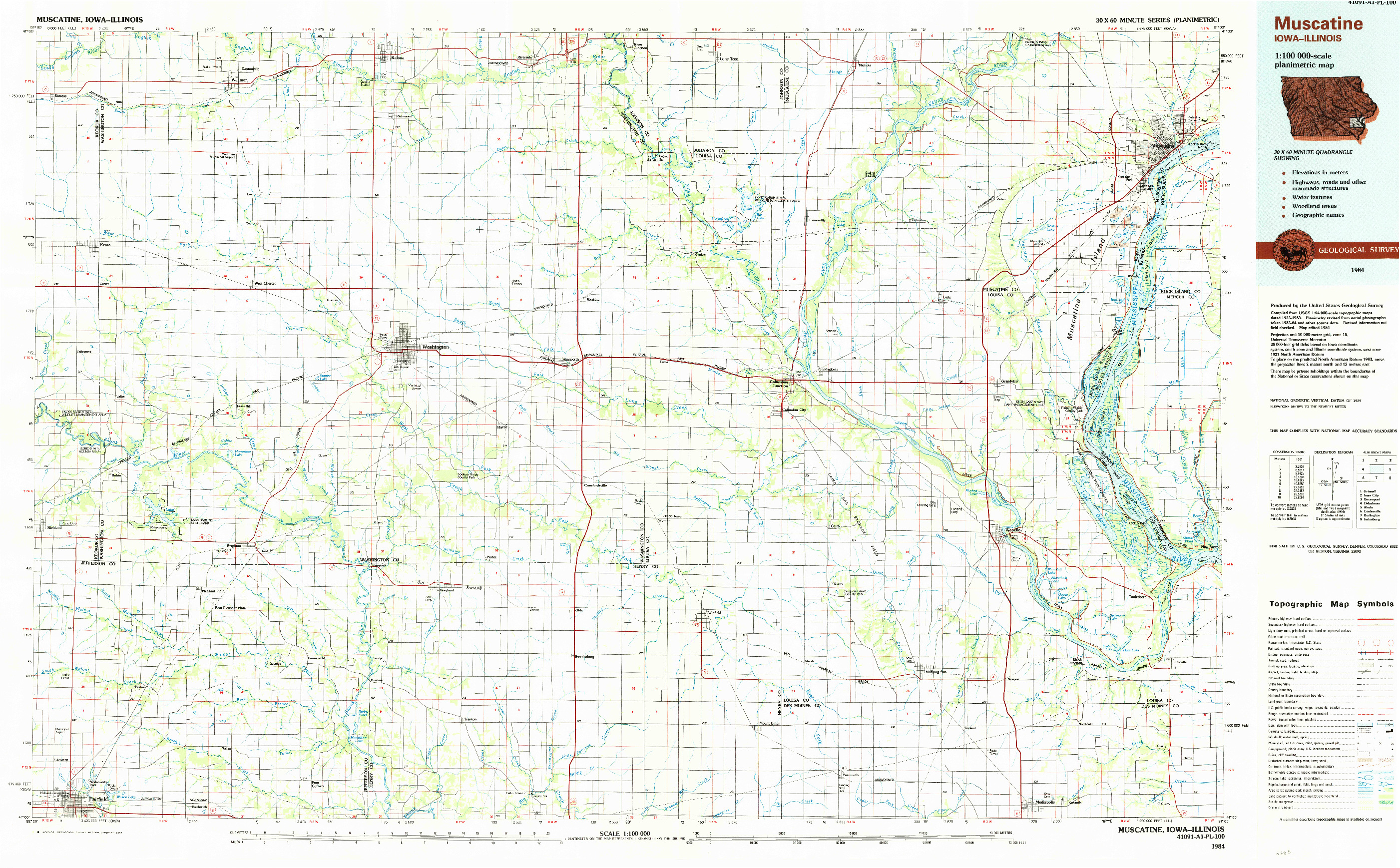 USGS 1:100000-SCALE QUADRANGLE FOR MUSCATINE, IA 1984