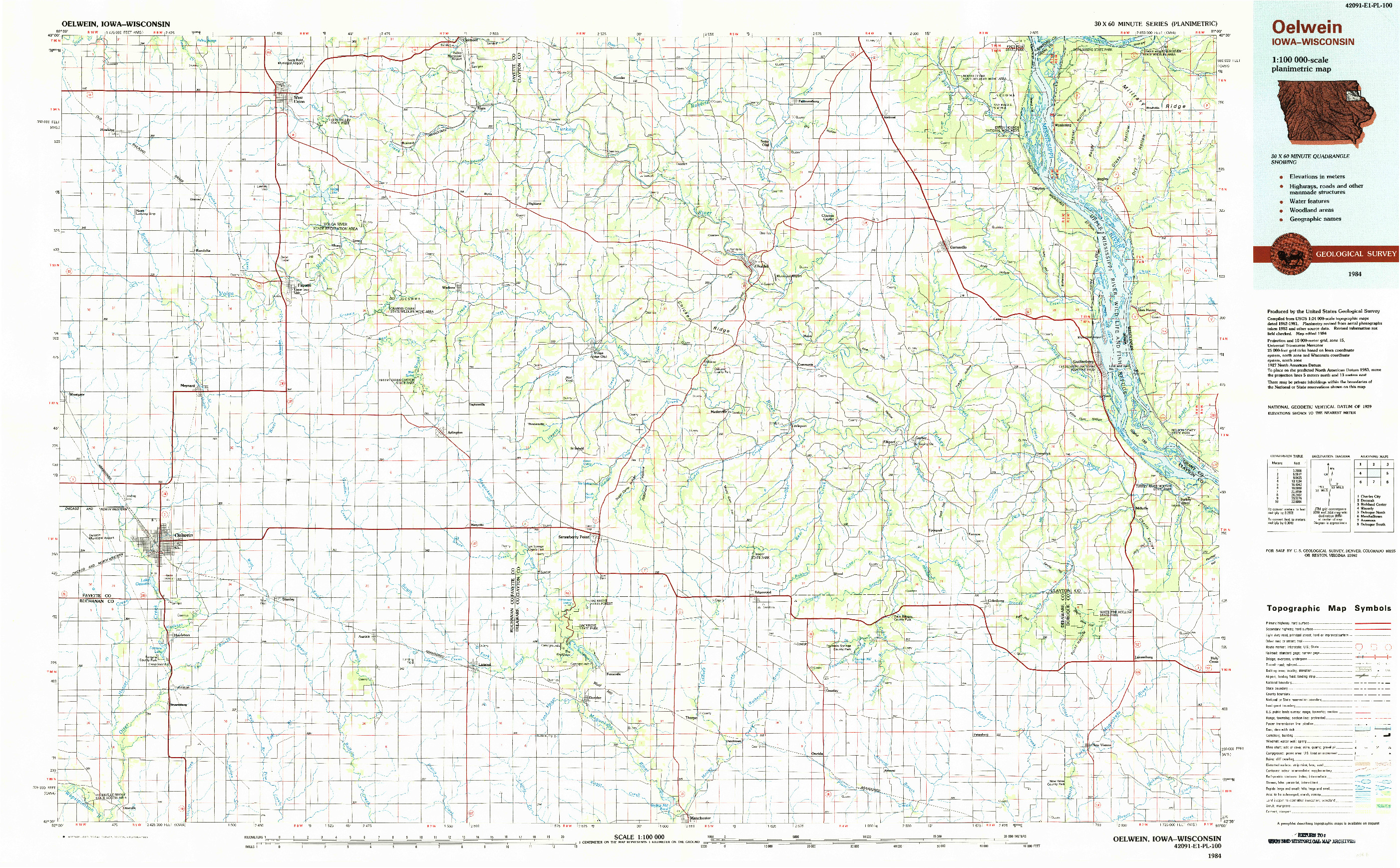 USGS 1:100000-SCALE QUADRANGLE FOR OELWEIN, IA 1984