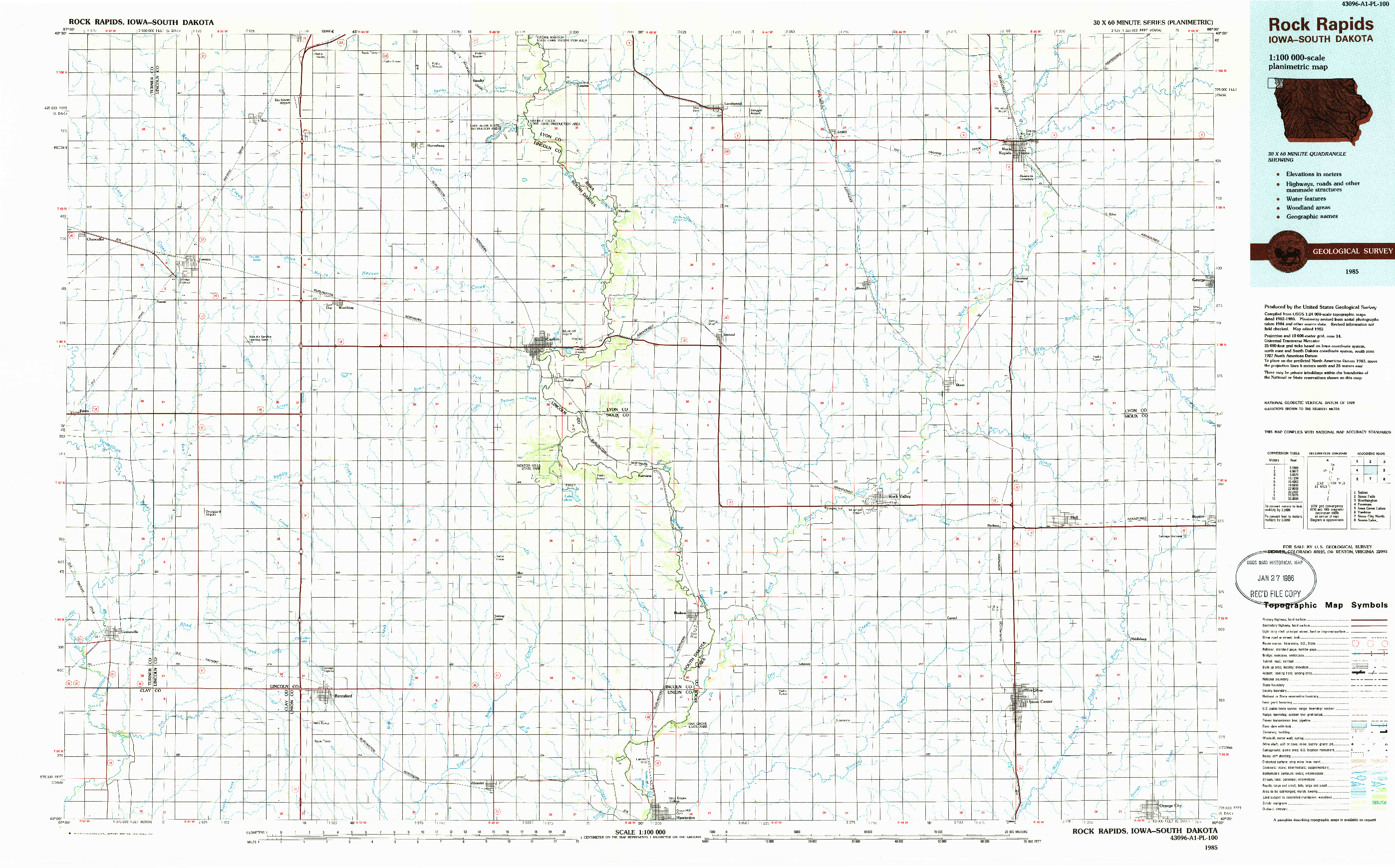 USGS 1:100000-SCALE QUADRANGLE FOR ROCK RAPIDS, IA 1985