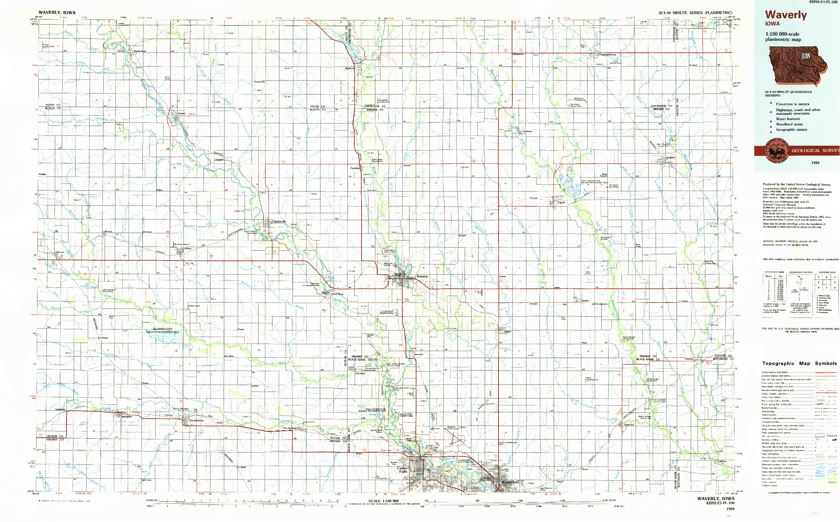 USGS 1:100000-SCALE QUADRANGLE FOR WAVERLY, IA 1984