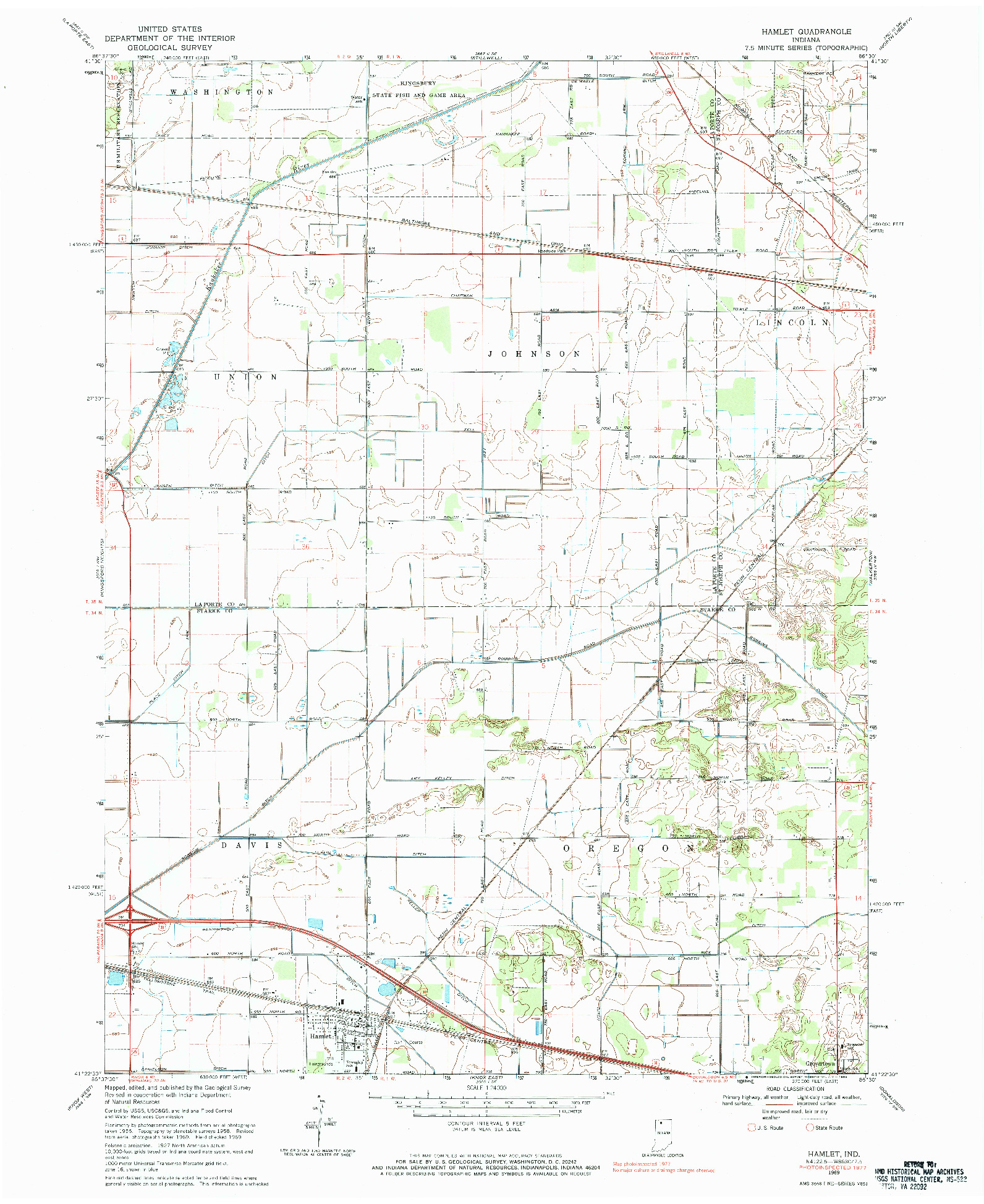 USGS 1:24000-SCALE QUADRANGLE FOR HAMLET, IN 1969