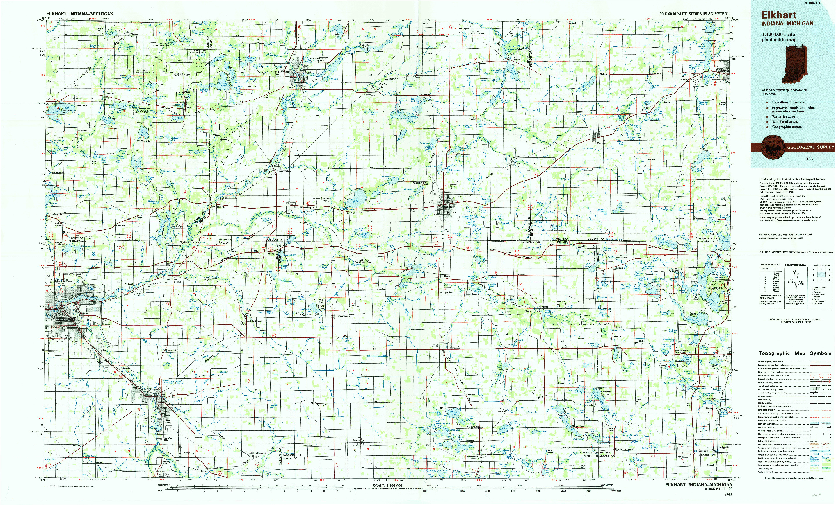 USGS 1:100000-SCALE QUADRANGLE FOR ELKHART, IN 1985