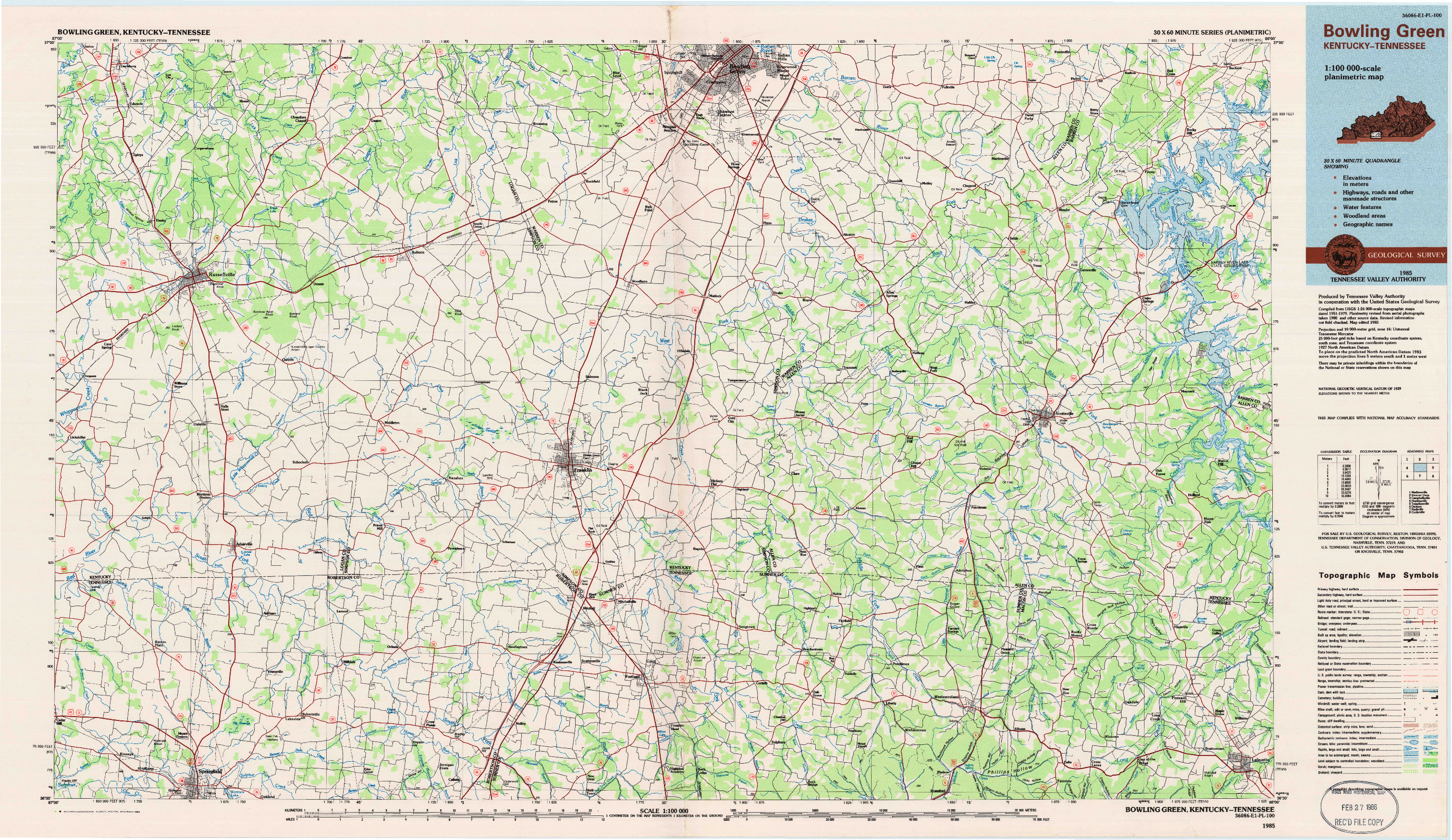 USGS 1:100000-SCALE QUADRANGLE FOR BOWLING GREEN, KY 1985