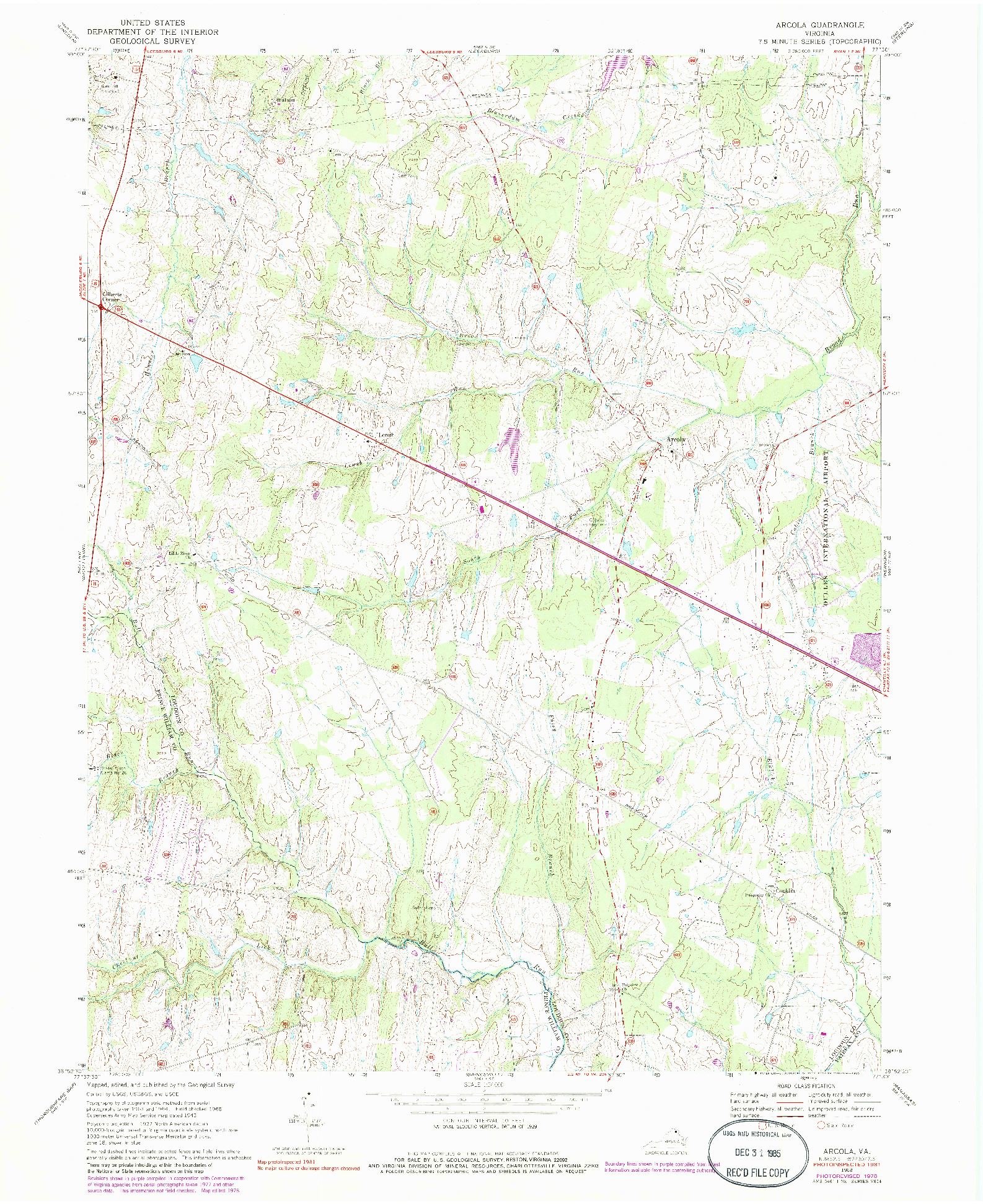 USGS 1:24000-SCALE QUADRANGLE FOR ARCOLA, VA 1968