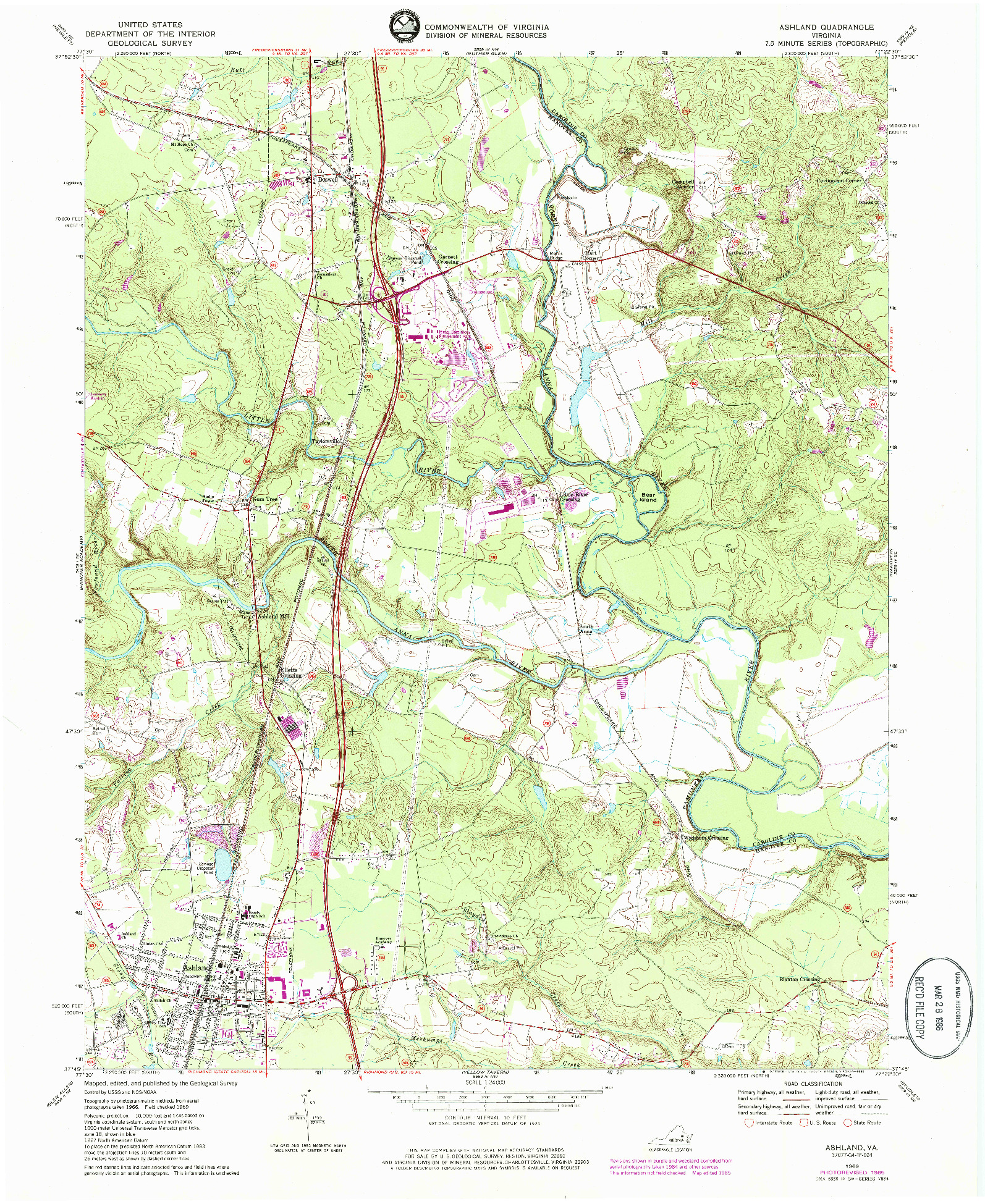 USGS 1:24000-SCALE QUADRANGLE FOR ASHLAND, VA 1969