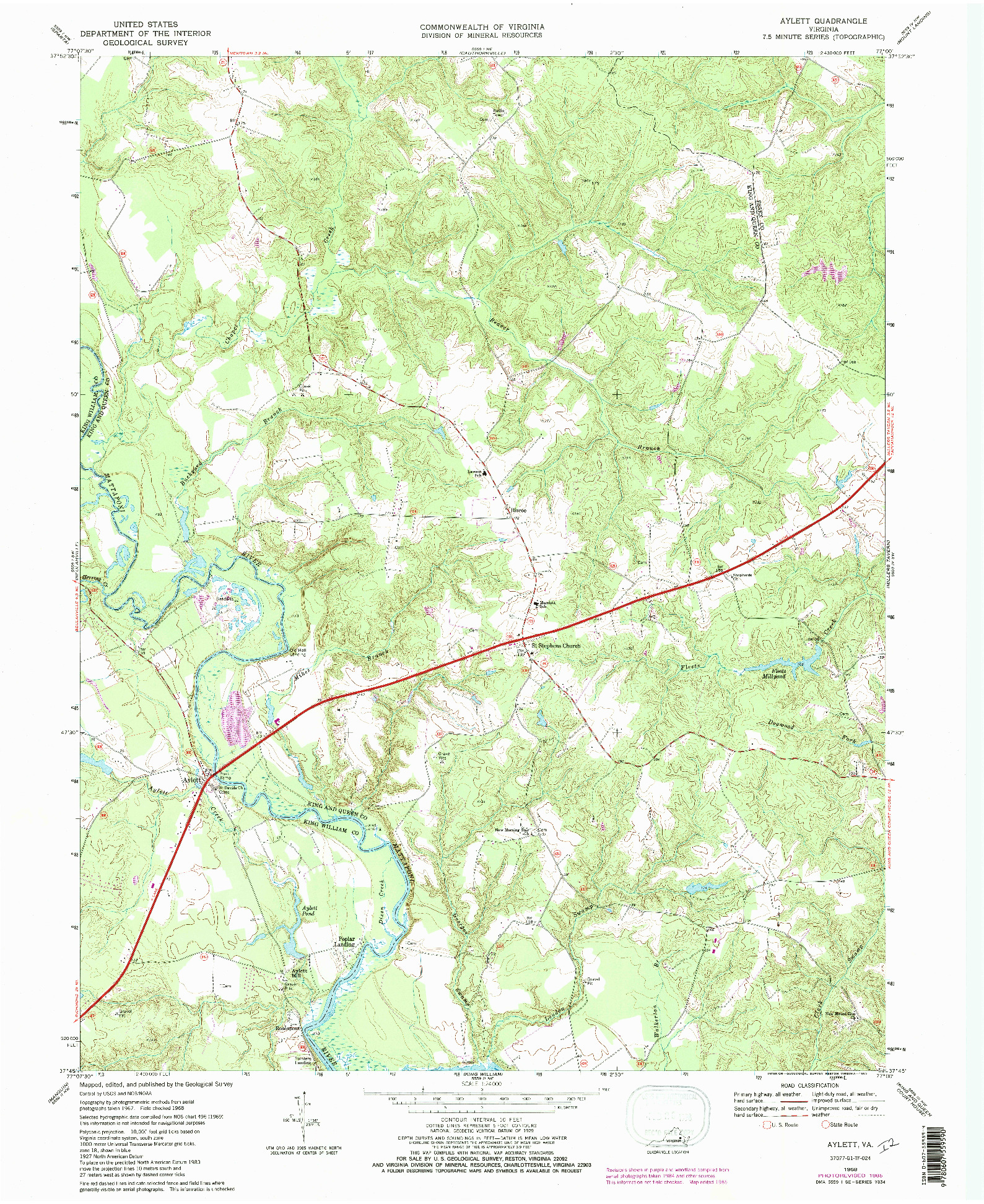 USGS 1:24000-SCALE QUADRANGLE FOR AYLETT, VA 1968