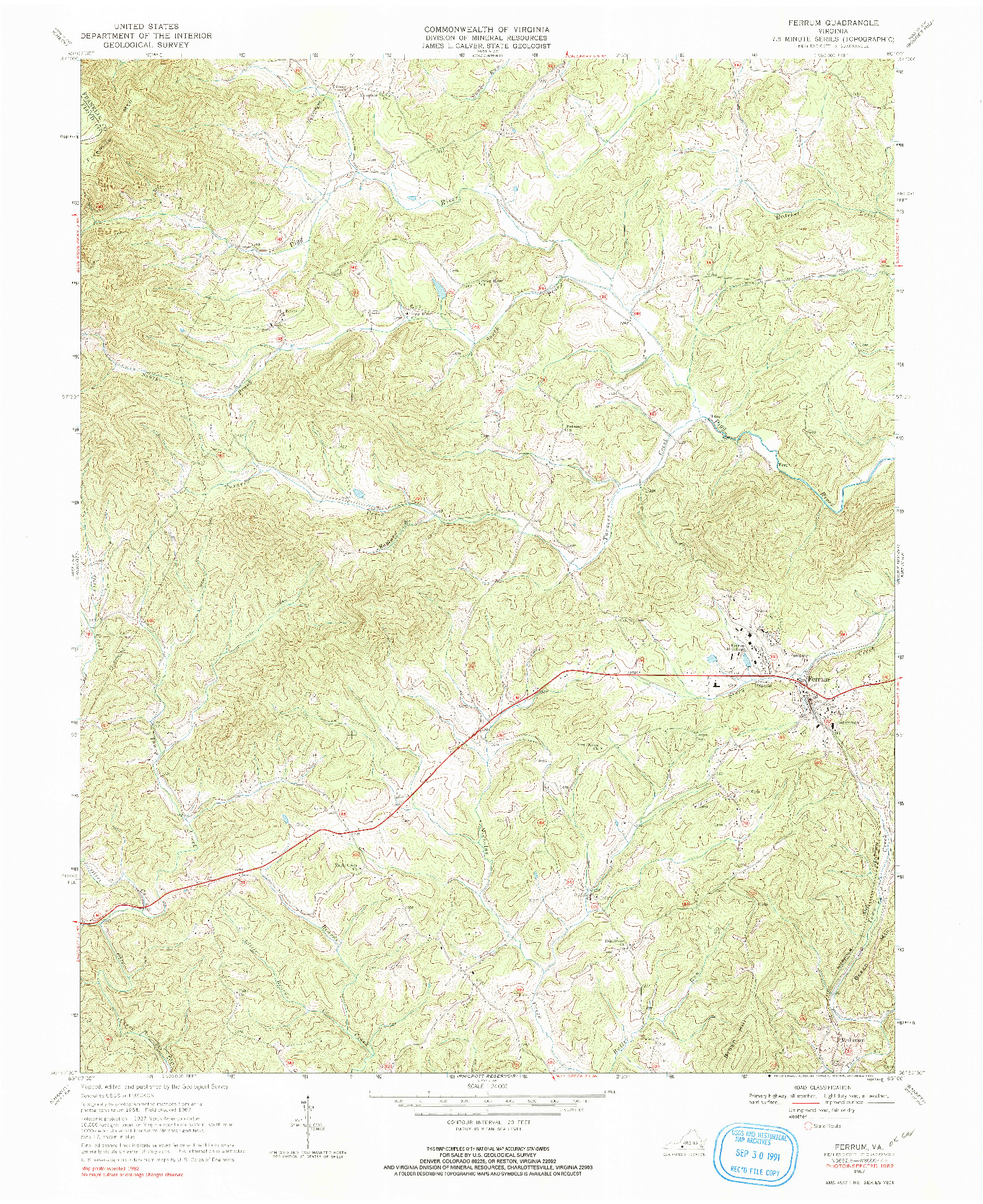 USGS 1:24000-SCALE QUADRANGLE FOR FERRUM, VA 1967