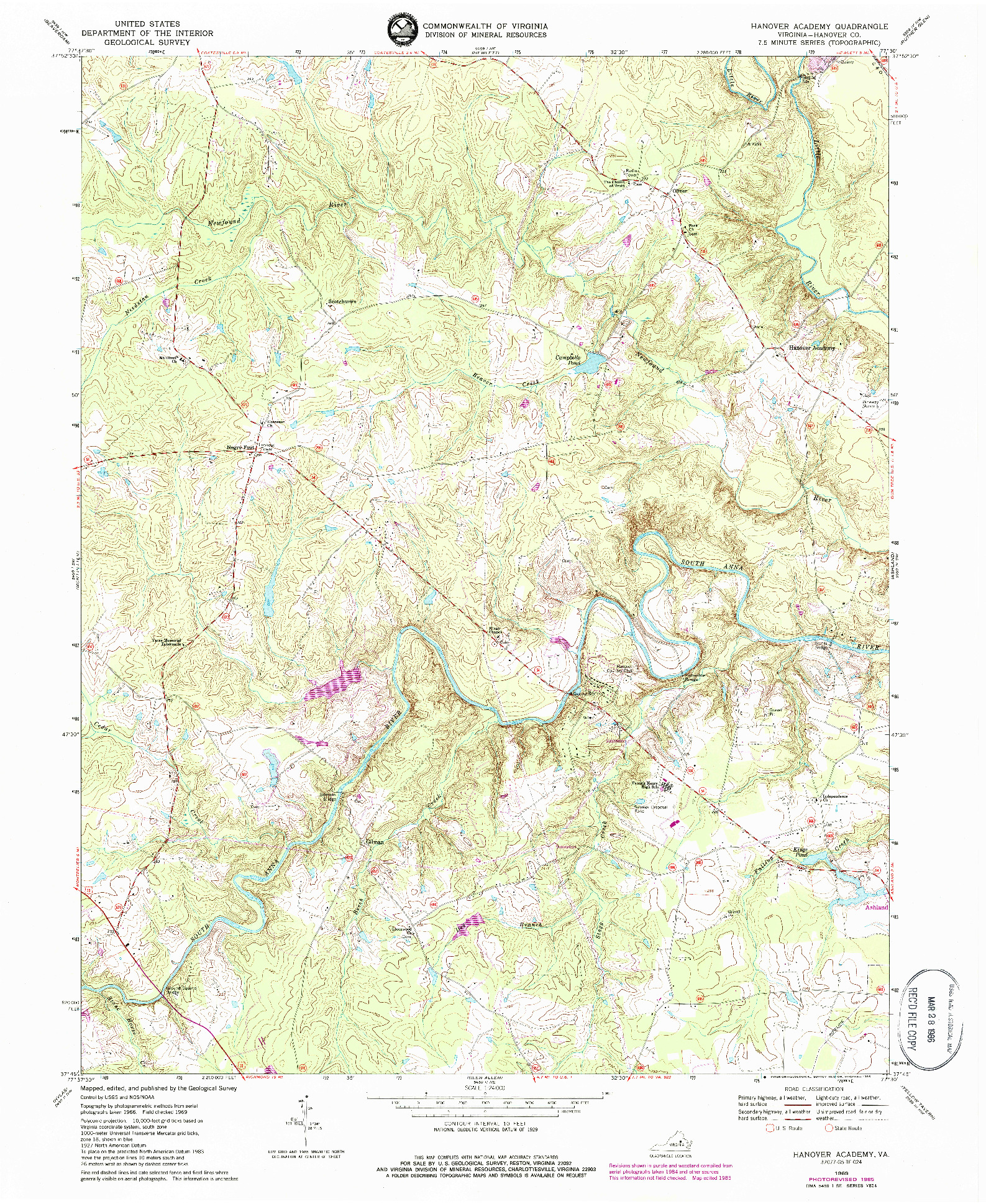 USGS 1:24000-SCALE QUADRANGLE FOR HANOVER ACADEMY, VA 1969