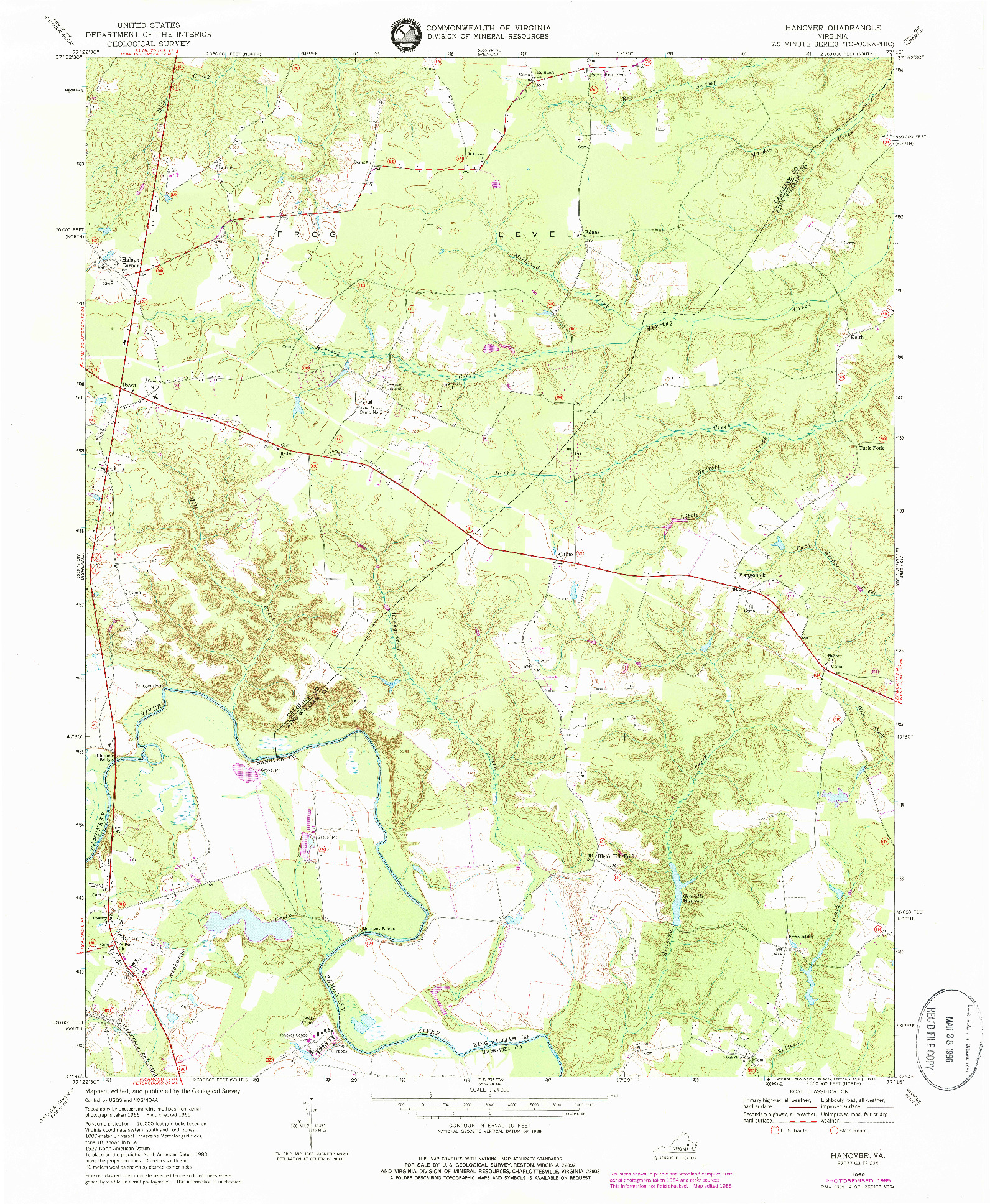 USGS 1:24000-SCALE QUADRANGLE FOR HANOVER, VA 1969