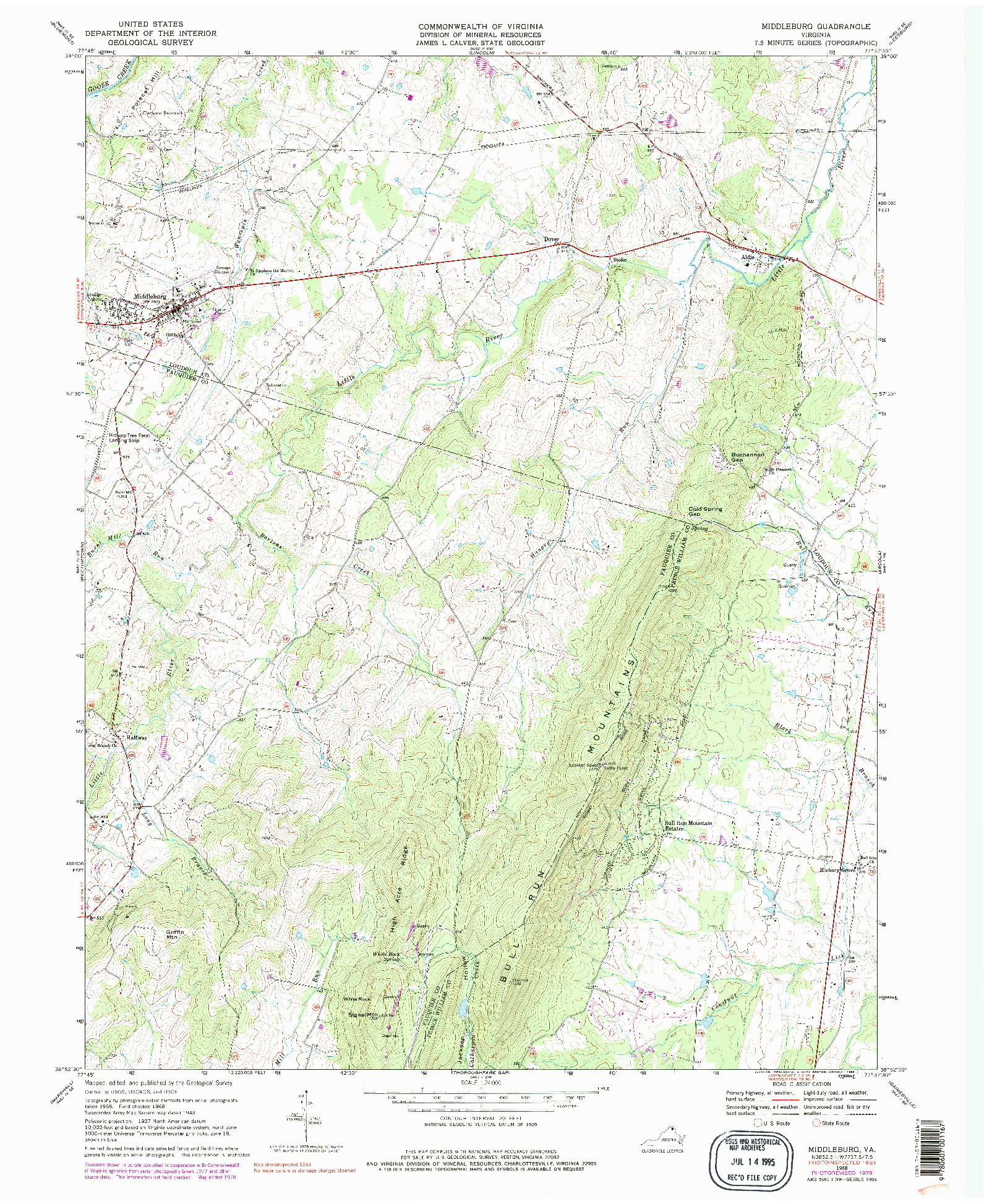 USGS 1:24000-SCALE QUADRANGLE FOR MIDDLEBURG, VA 1968