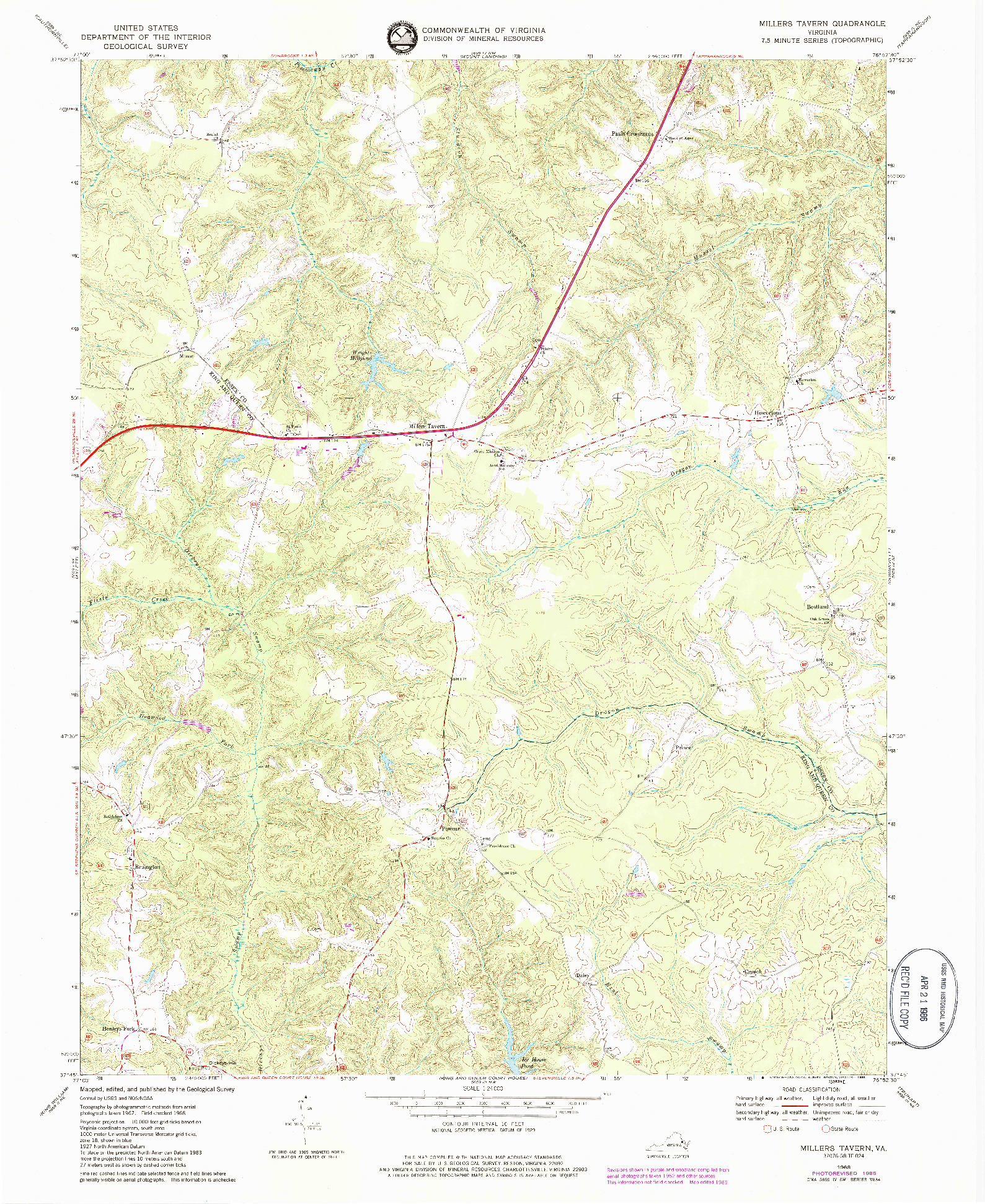 USGS 1:24000-SCALE QUADRANGLE FOR MILLERS TAVERN, VA 1968