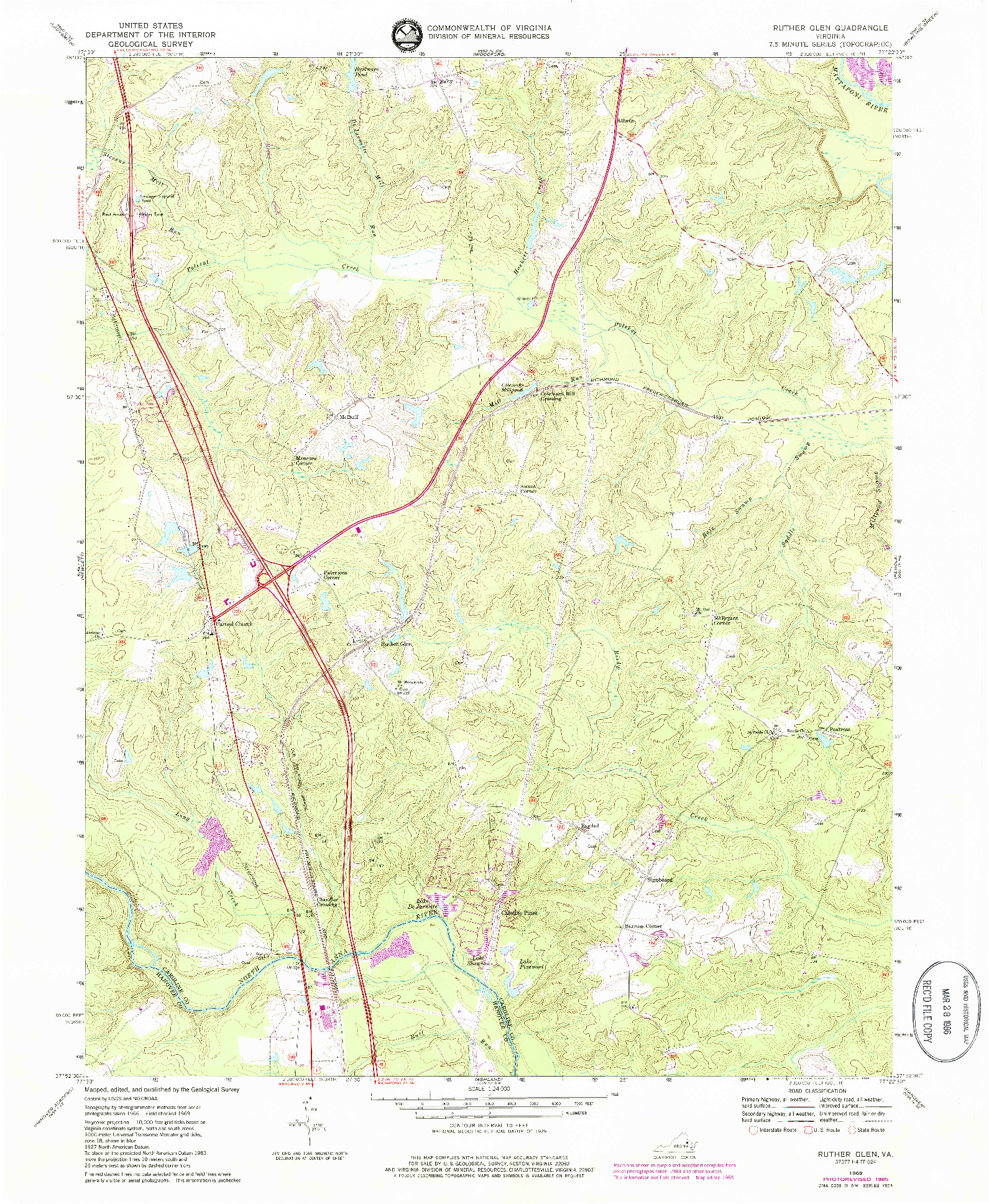 USGS 1:24000-SCALE QUADRANGLE FOR RUTHER GLEN, VA 1969