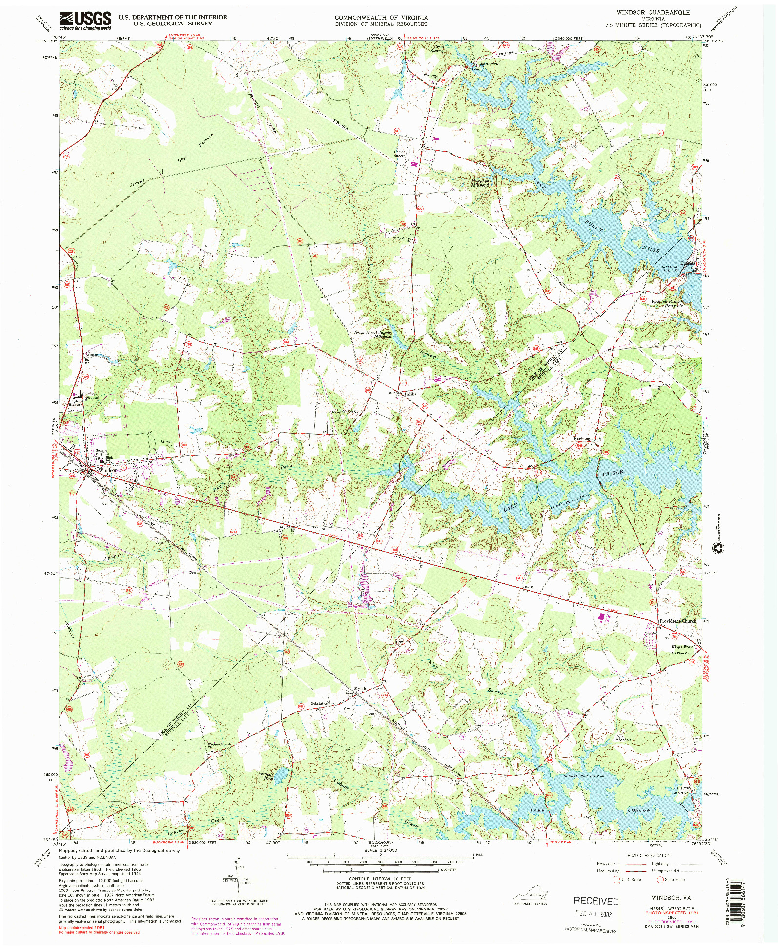 USGS 1:24000-SCALE QUADRANGLE FOR WINDSOR, VA 1965