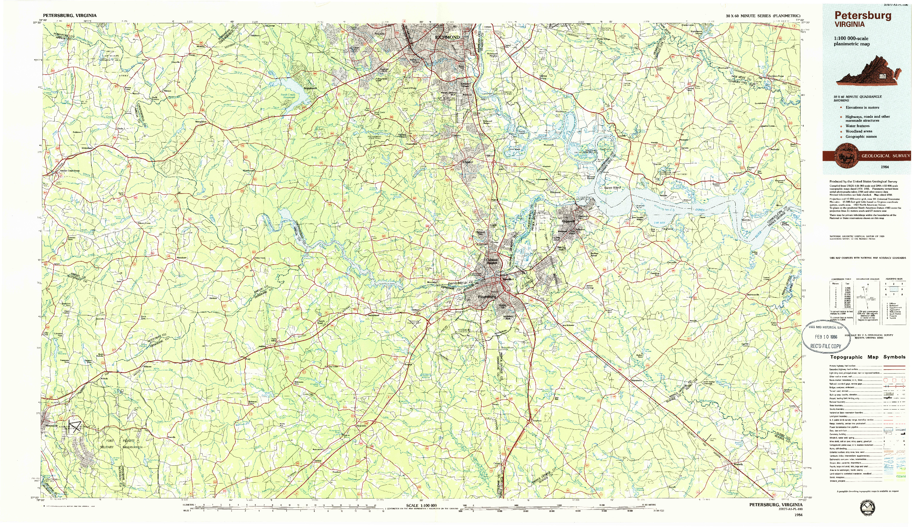 USGS 1:100000-SCALE QUADRANGLE FOR PETERSBURG, VA 1984