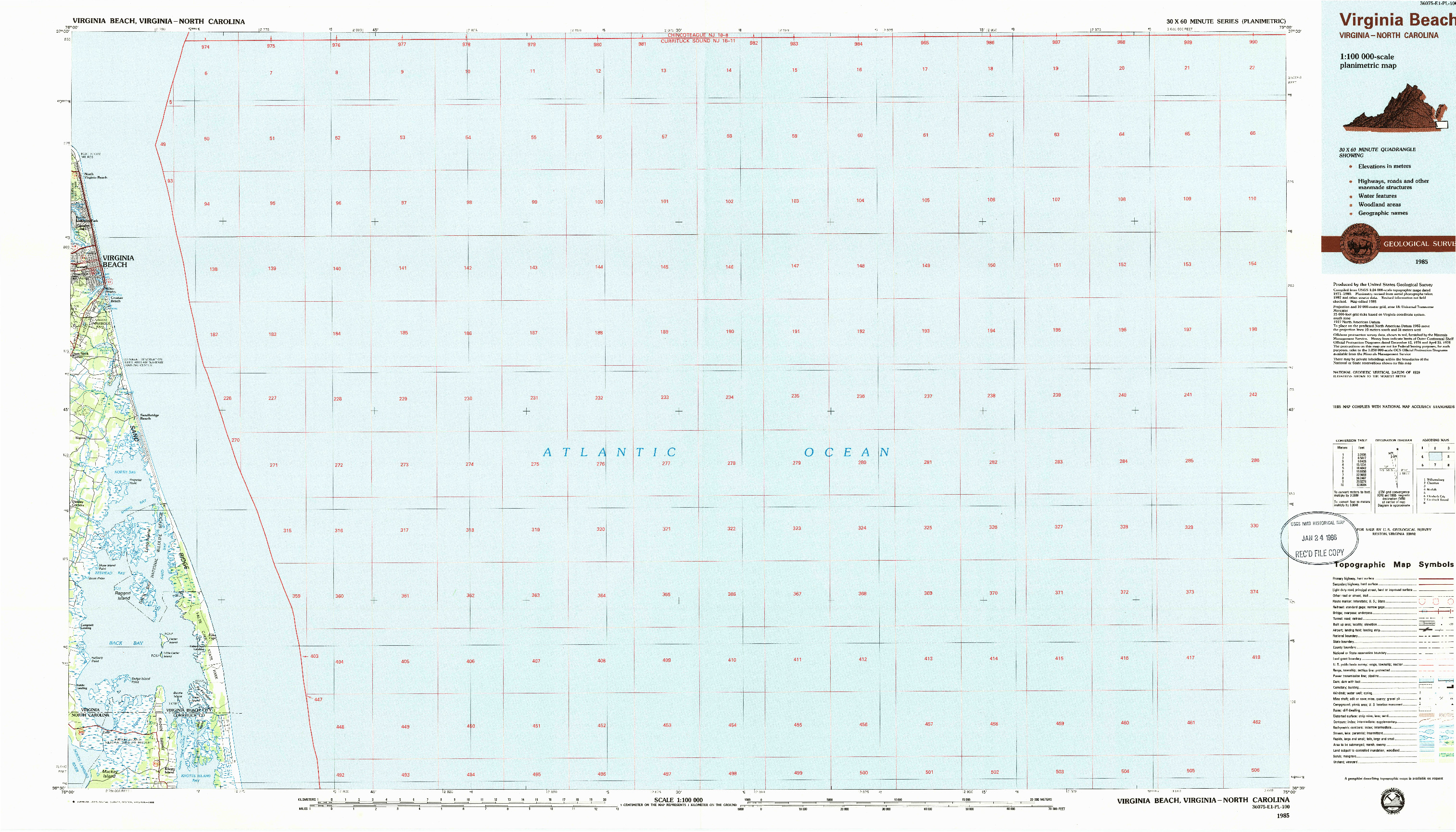 USGS 1:100000-SCALE QUADRANGLE FOR VIRGINIA BEACH, VA 1985