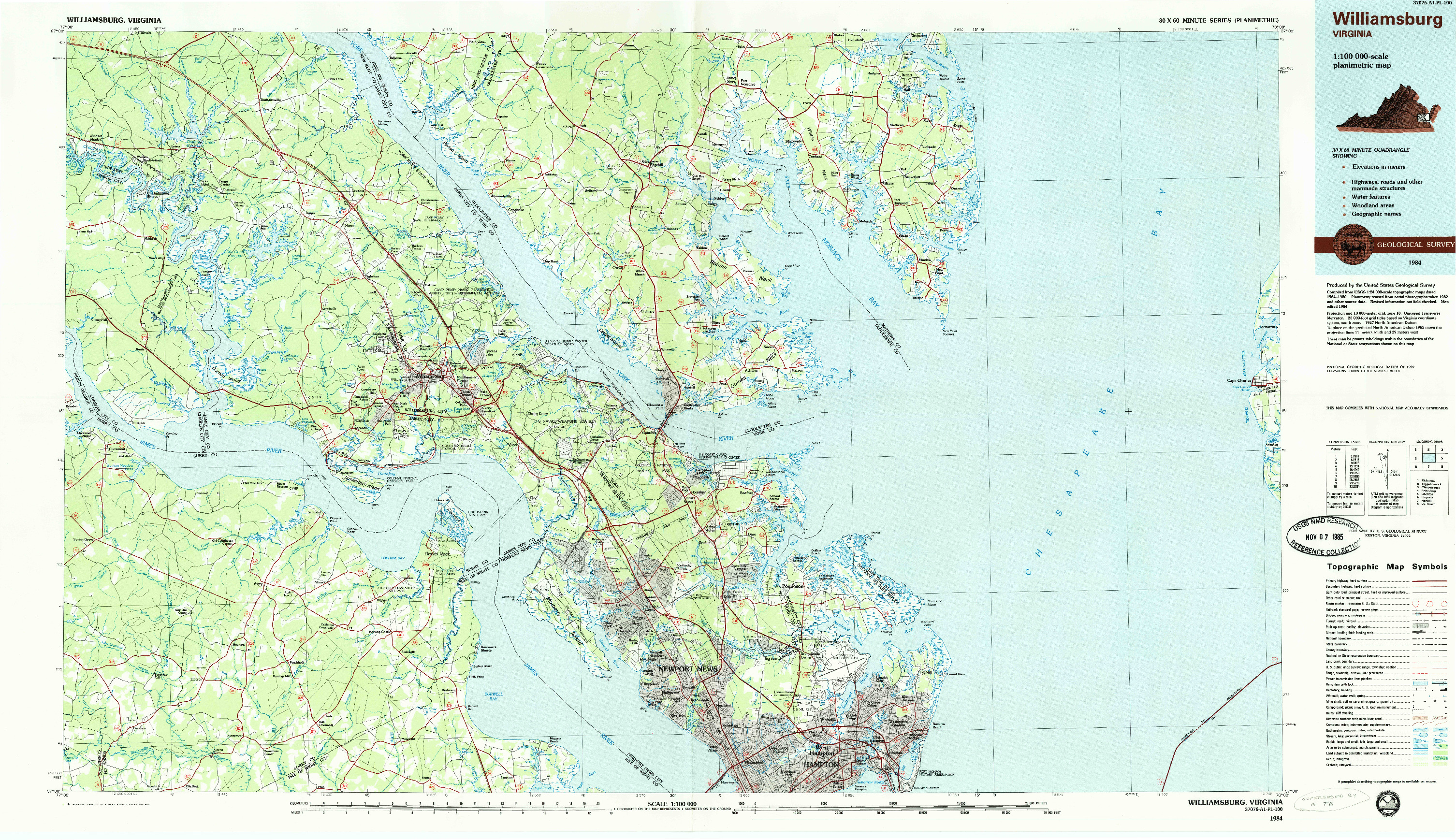 USGS 1:100000-SCALE QUADRANGLE FOR WILLIAMSBURG, VA 1984