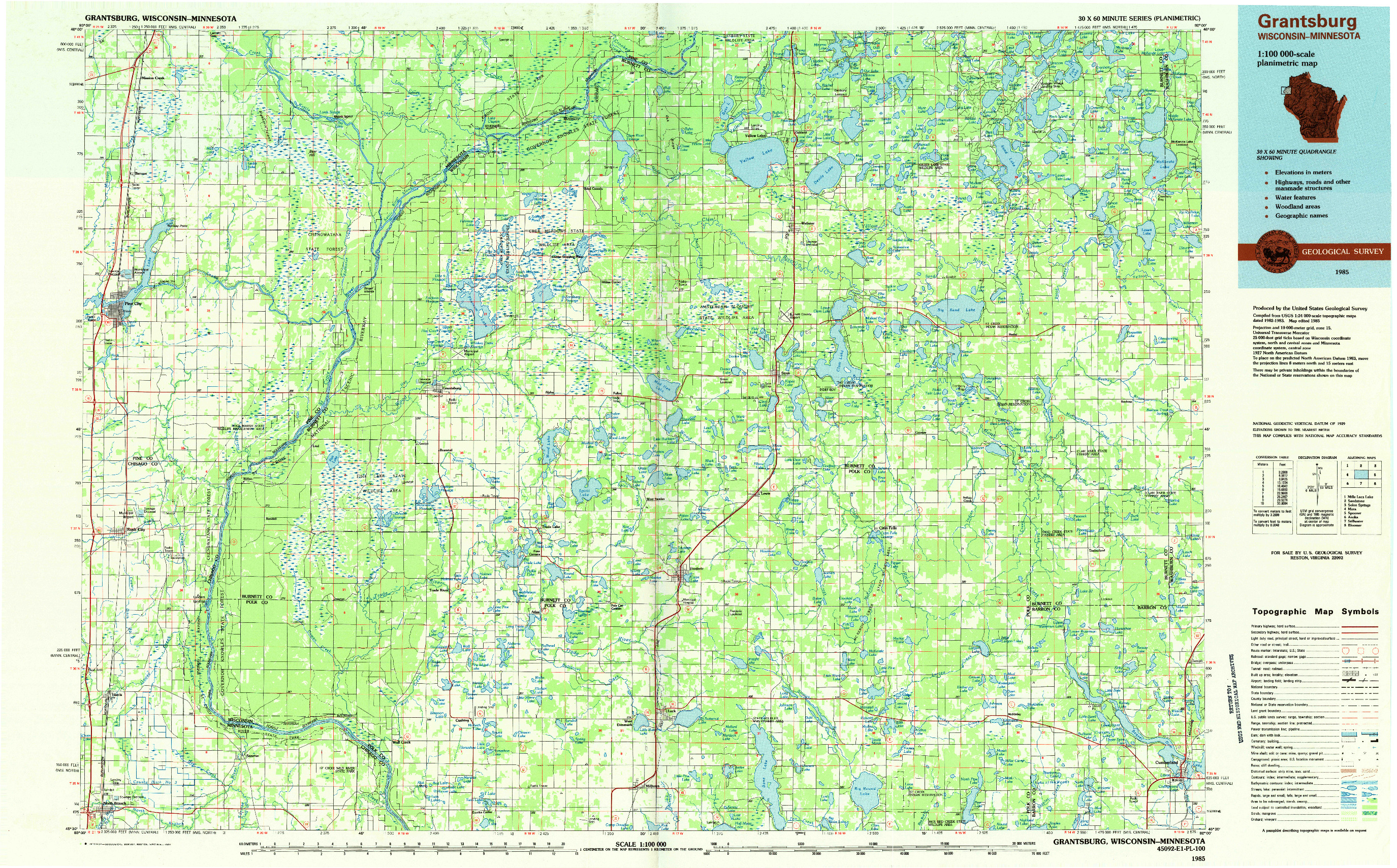 USGS 1:100000-SCALE QUADRANGLE FOR GRANTSBURG, WI 1985