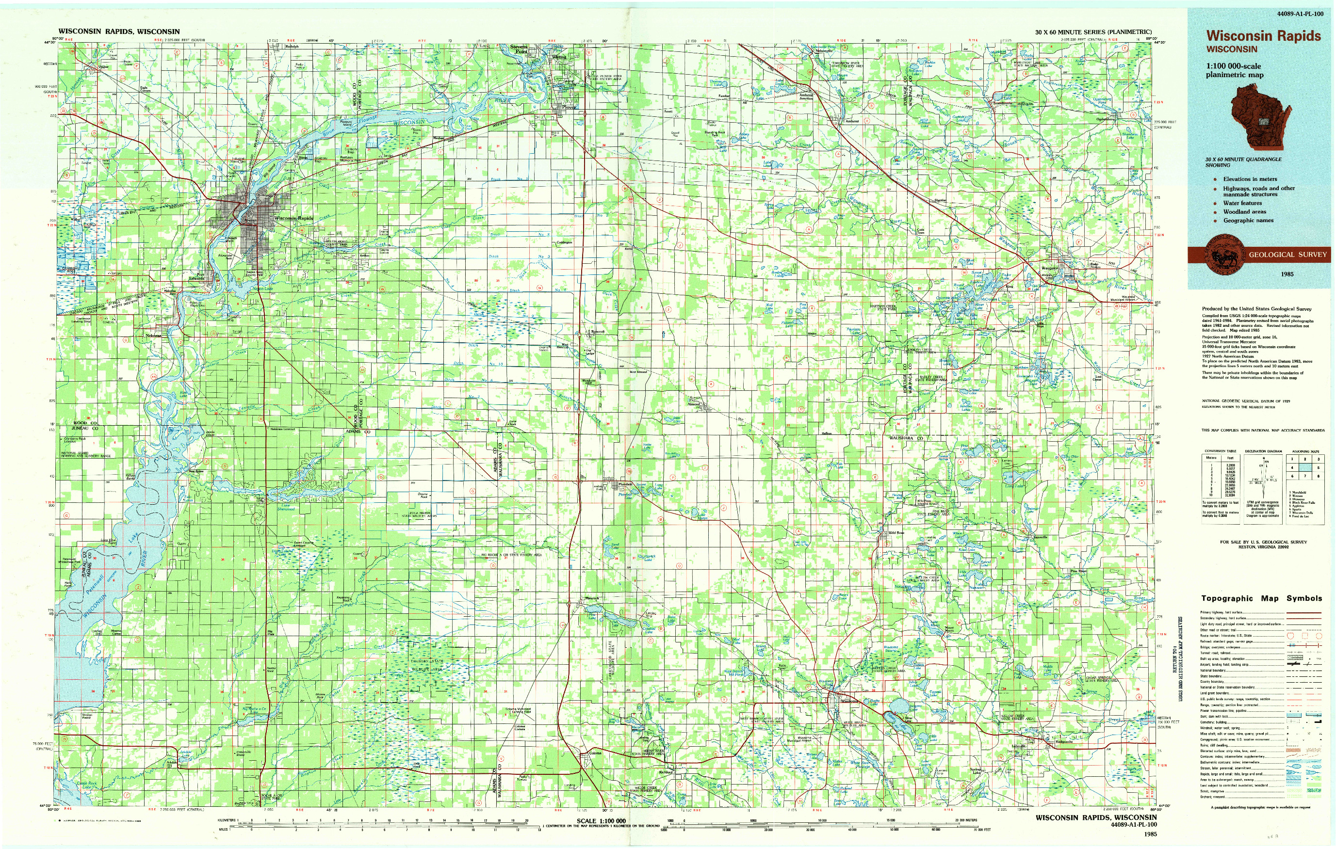 USGS 1:100000-SCALE QUADRANGLE FOR WISCONSIN RAPIDS, WI 1985