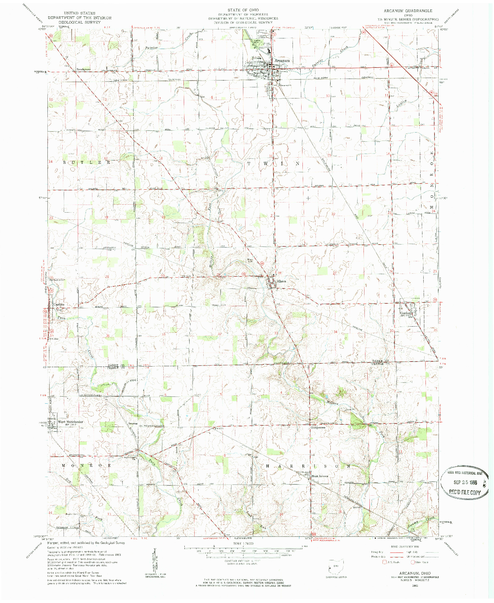 USGS 1:24000-SCALE QUADRANGLE FOR ARCANUM, OH 1961