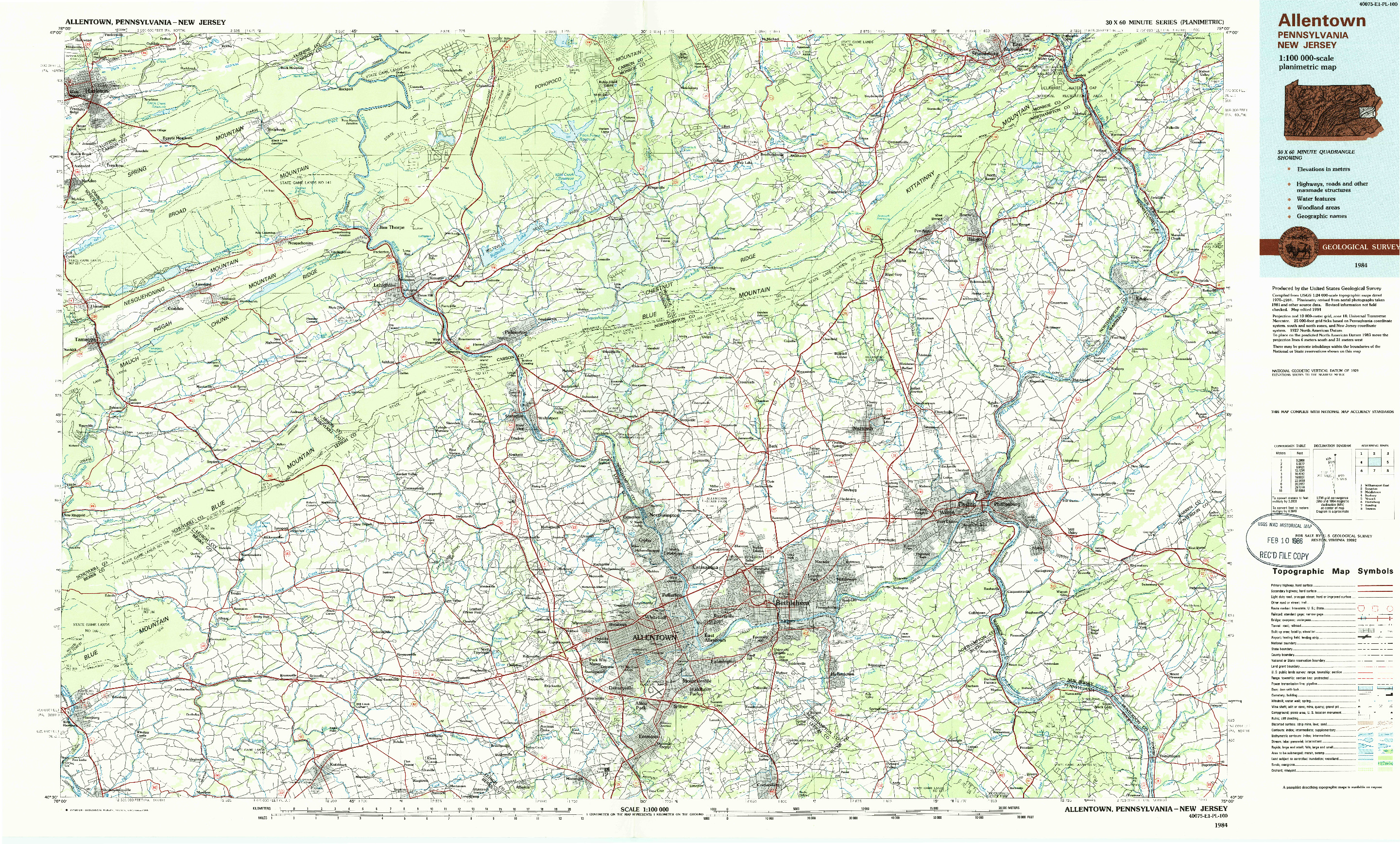 USGS 1:100000-SCALE QUADRANGLE FOR ALLENTOWN, PA 1984