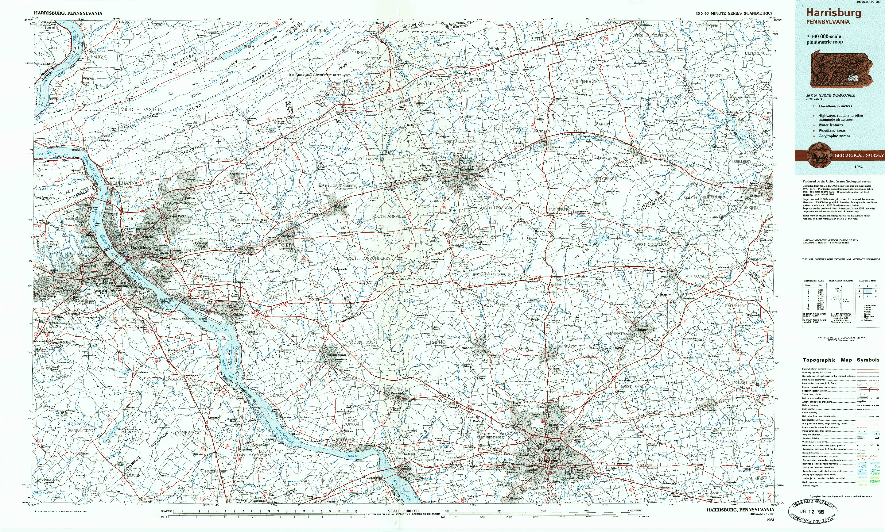 USGS 1:100000-SCALE QUADRANGLE FOR HARRISBURG, PA 1984