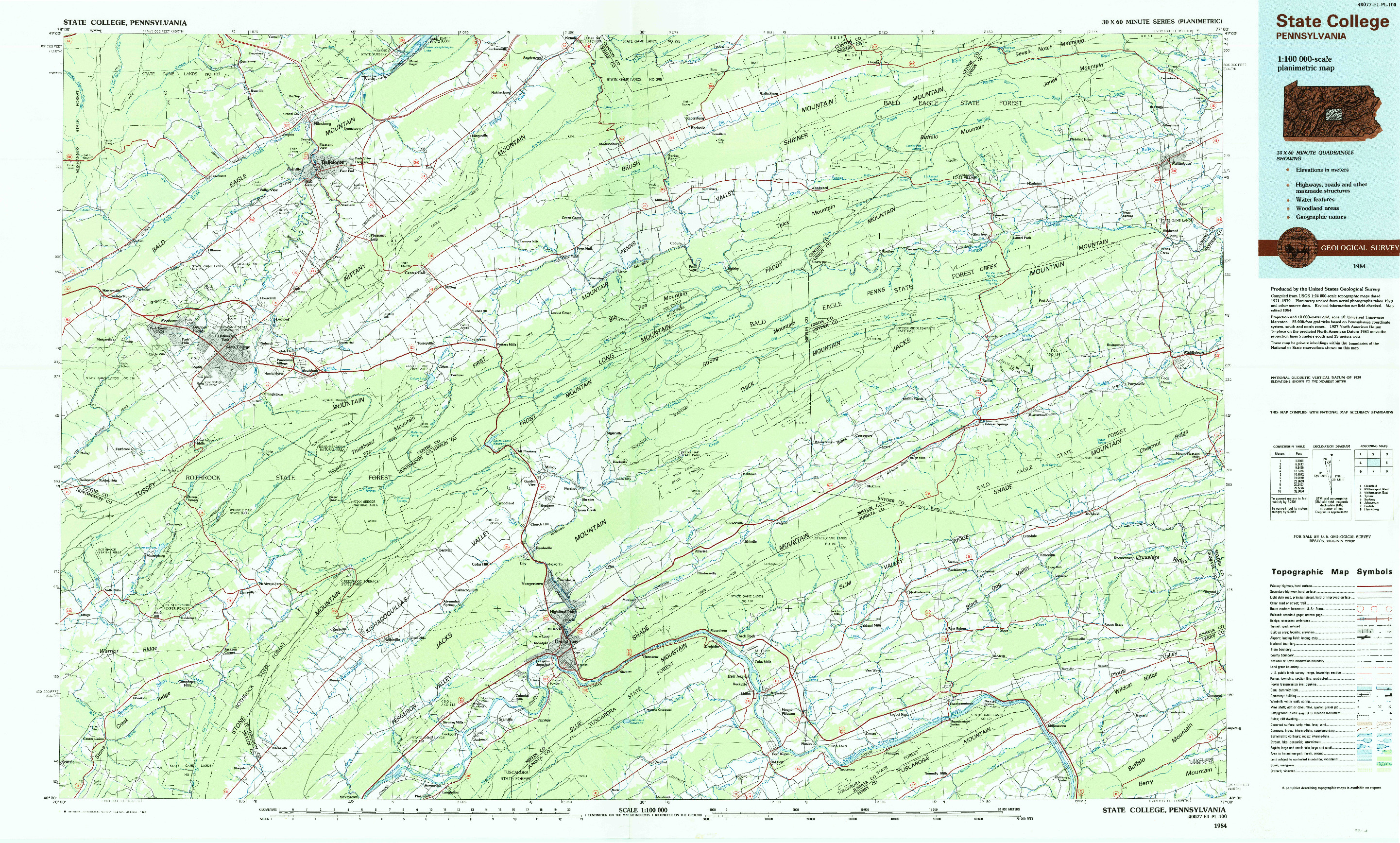 USGS 1:100000-SCALE QUADRANGLE FOR STATE COLLEGE, PA 1984