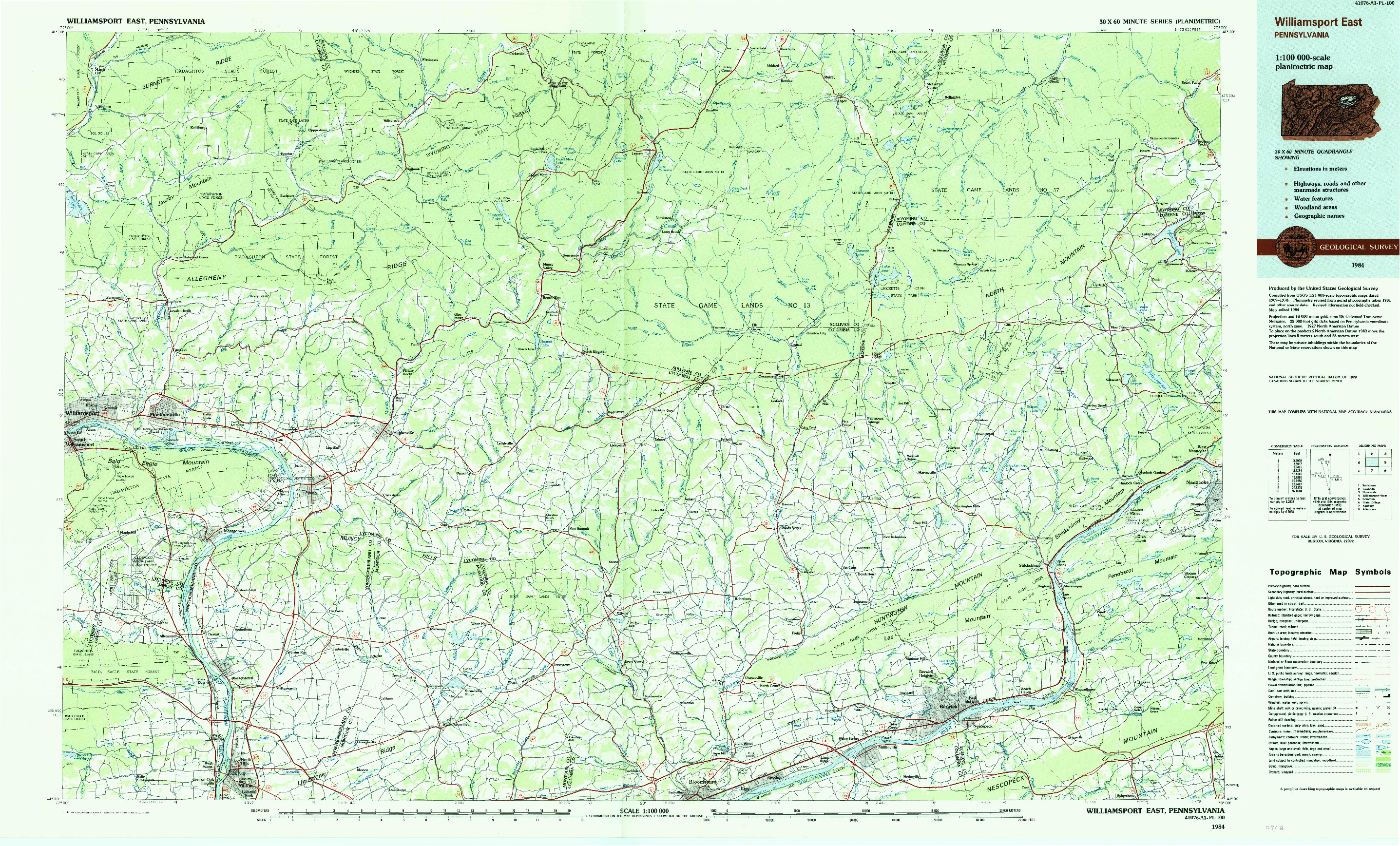 USGS 1:100000-SCALE QUADRANGLE FOR WILLIAMSPORT EAST, PA 1984