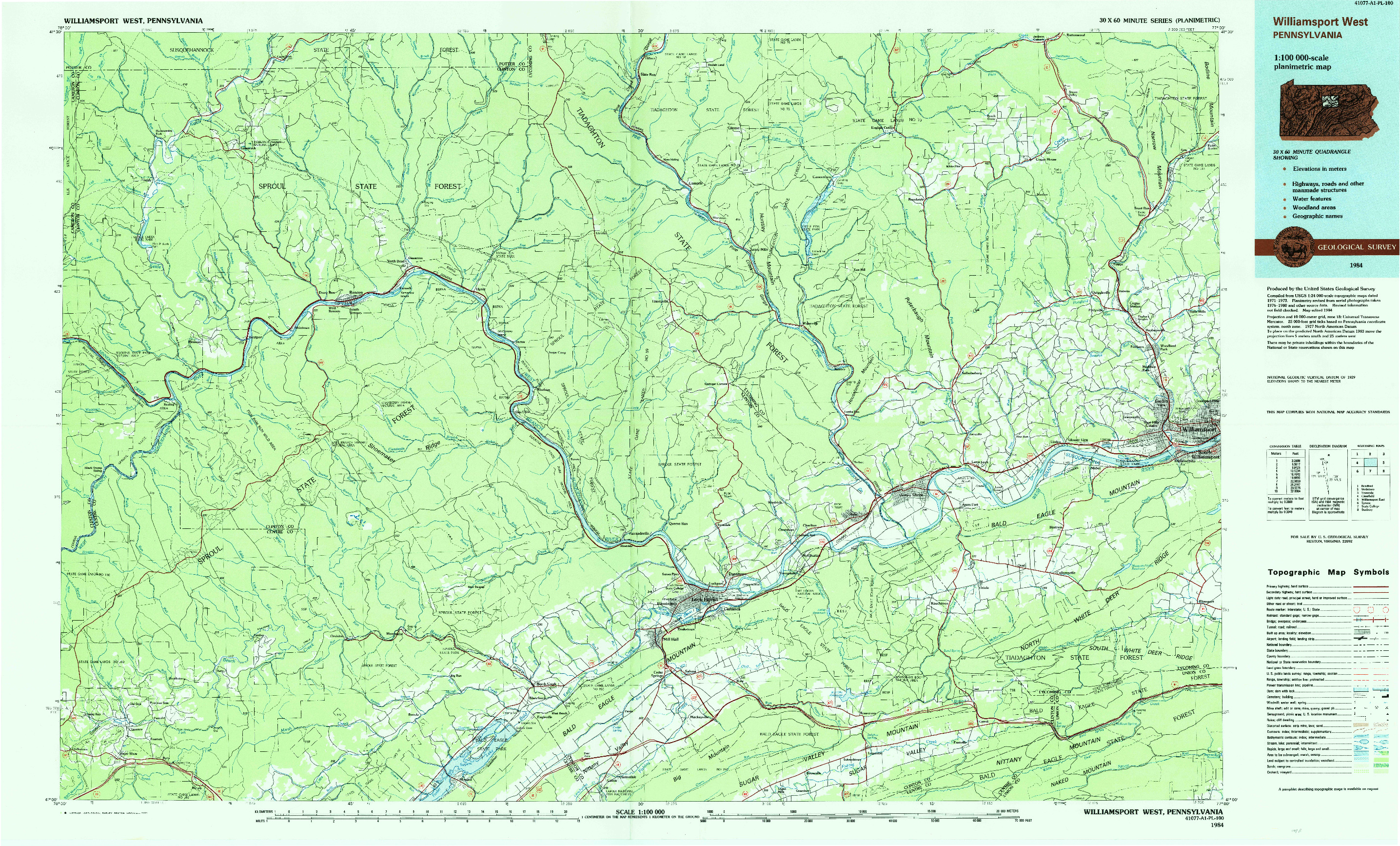 USGS 1:100000-SCALE QUADRANGLE FOR WILLIAMSPORT WEST, PA 1984