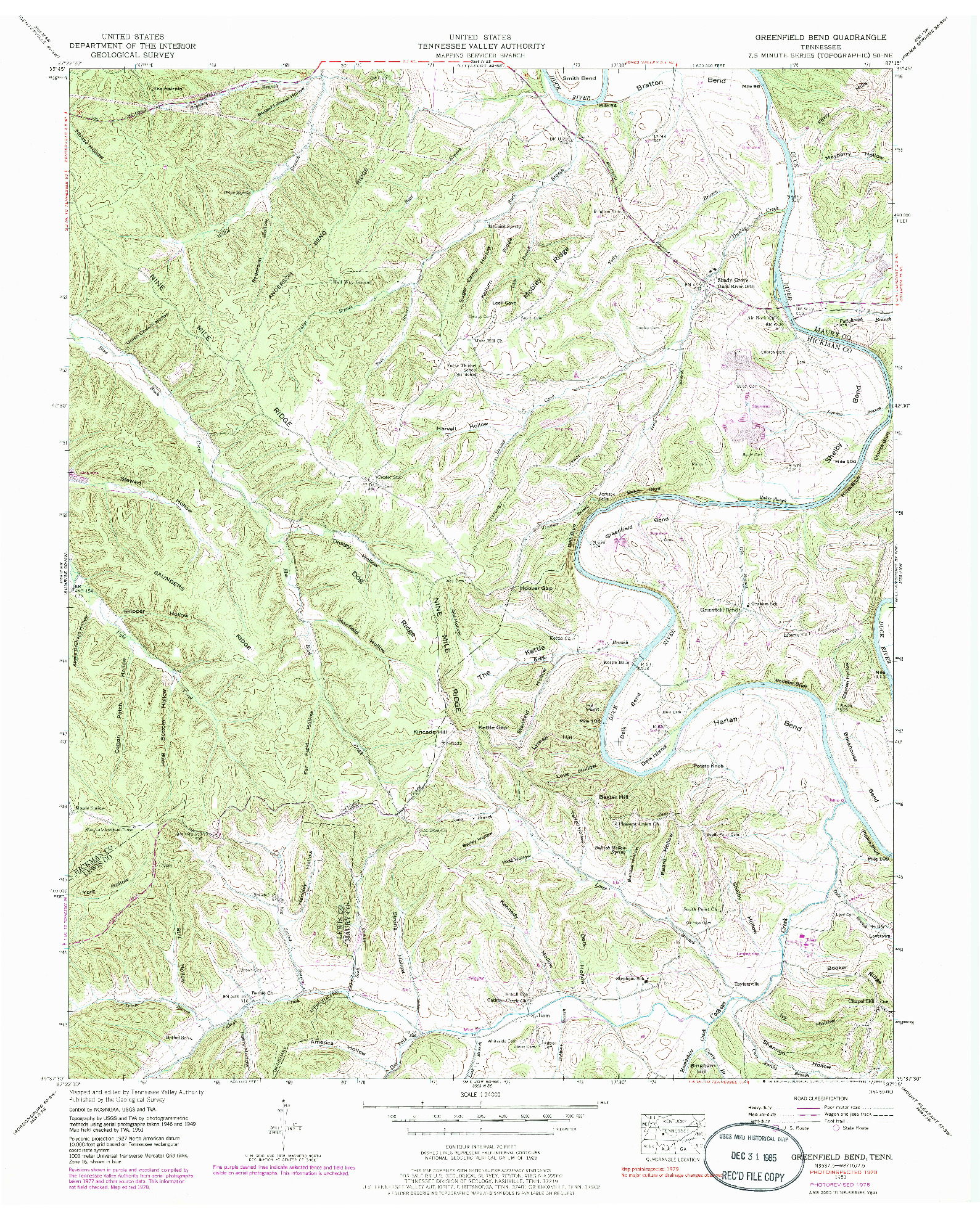 USGS 1:24000-SCALE QUADRANGLE FOR GREENFIELD BEND, TN 1951