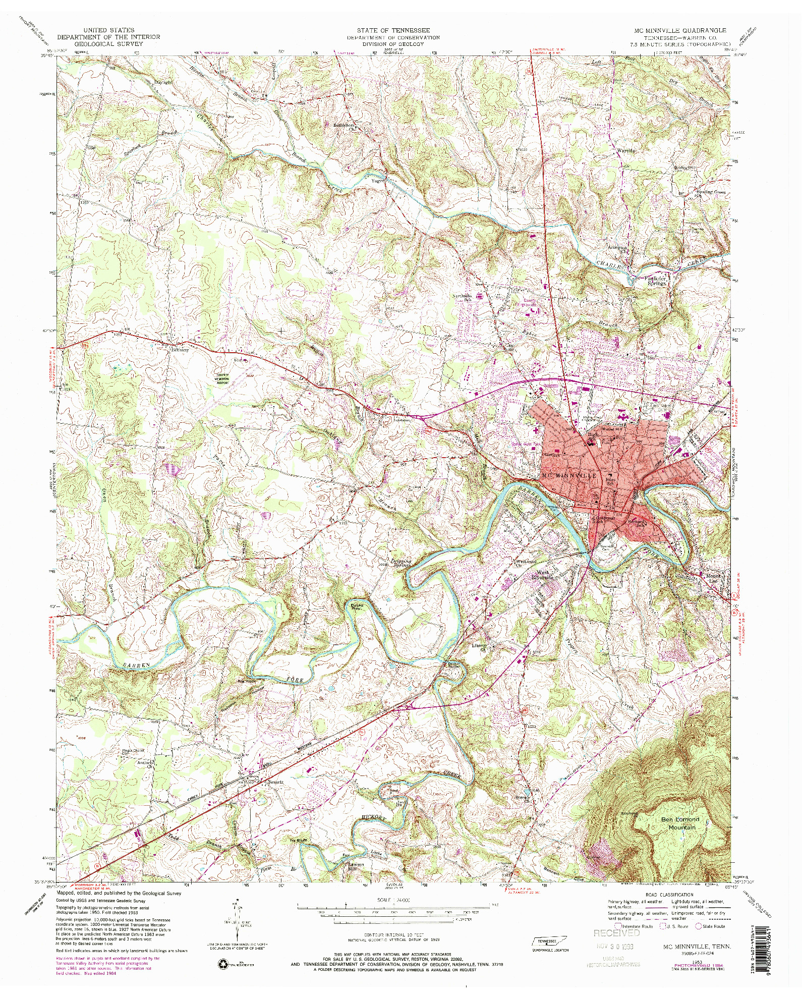 USGS 1:24000-SCALE QUADRANGLE FOR MC MINNVILLE, TN 1953