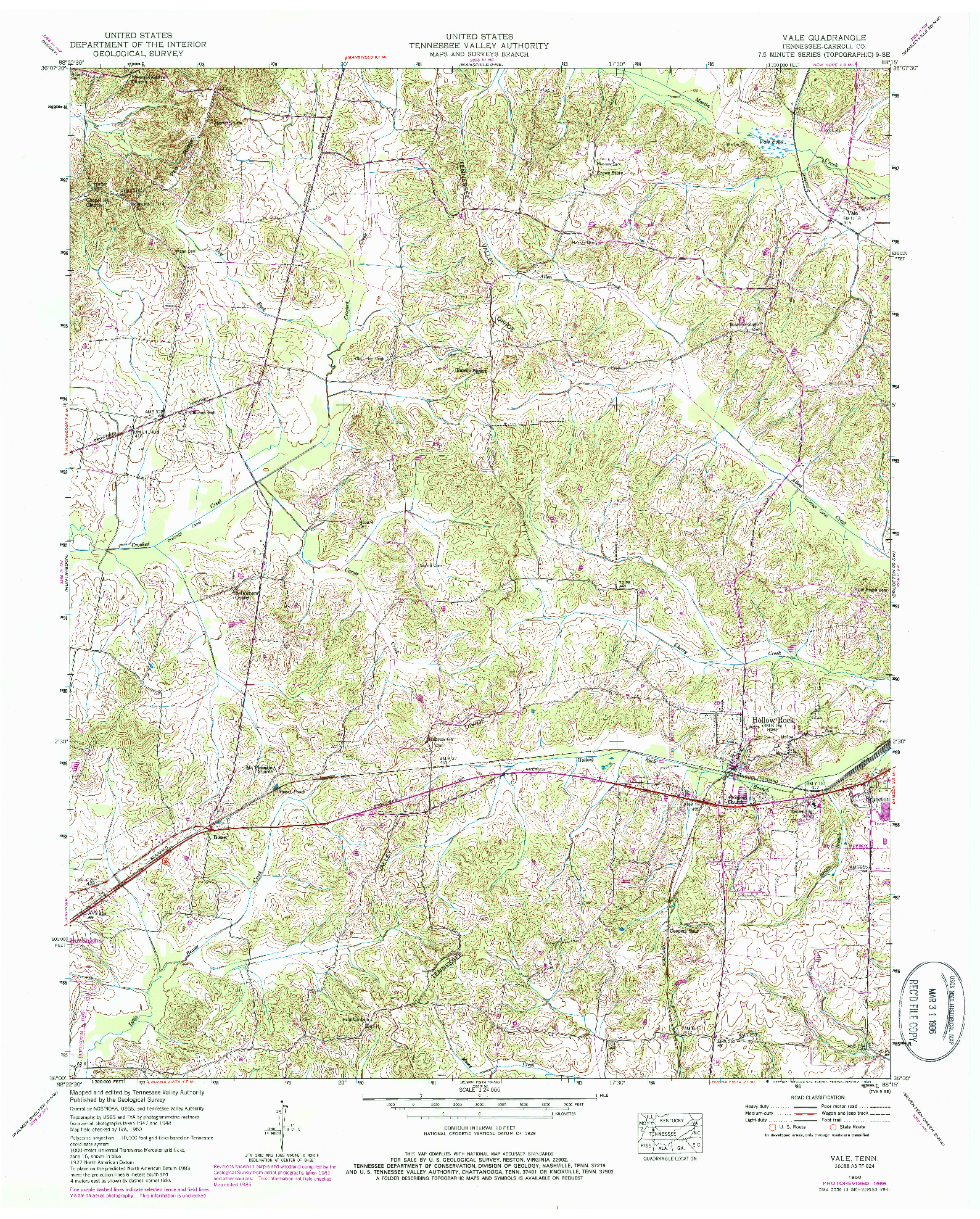 USGS 1:24000-SCALE QUADRANGLE FOR VALE, TN 1950