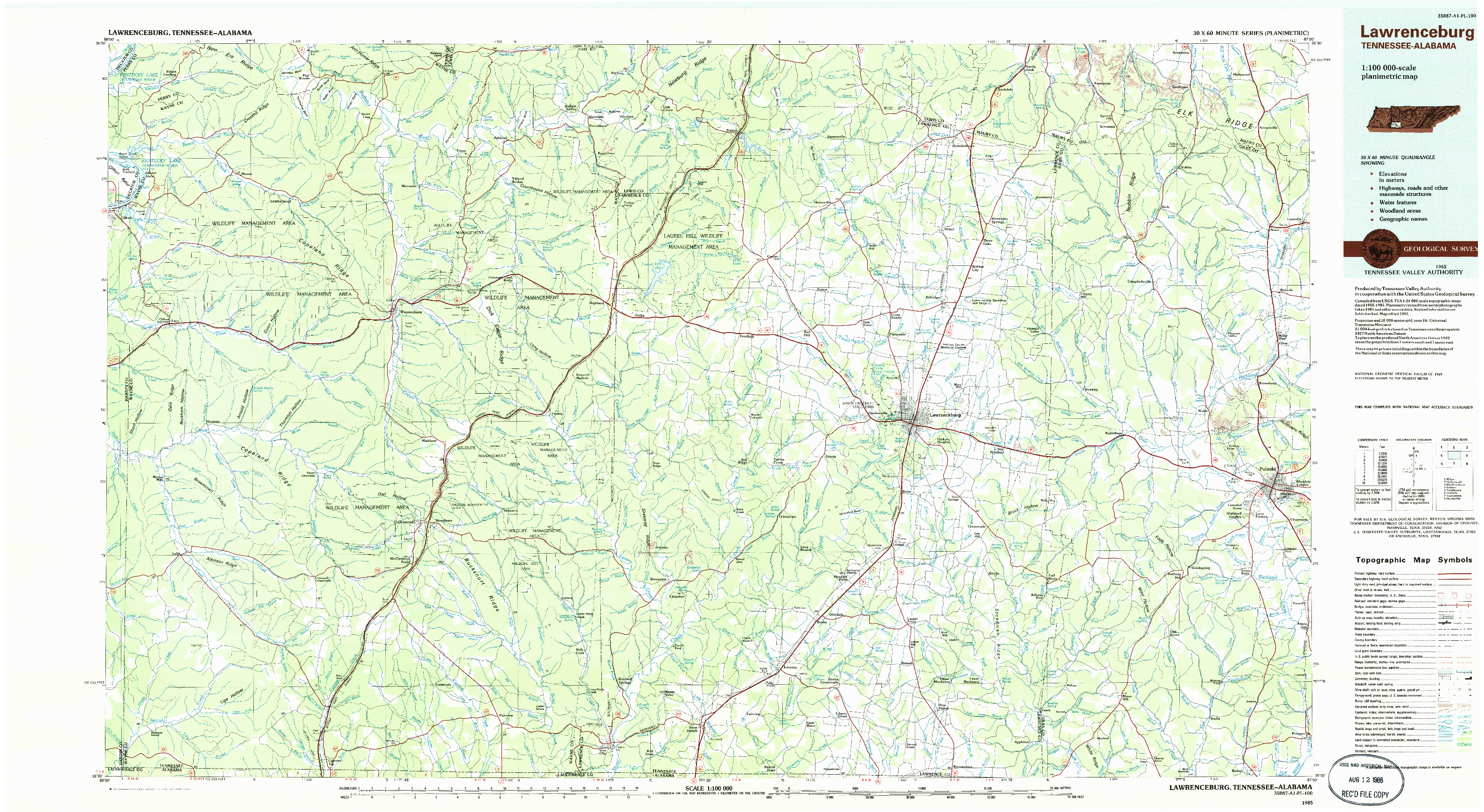 USGS 1:100000-SCALE QUADRANGLE FOR LAWRENCEBURG, TN 1985