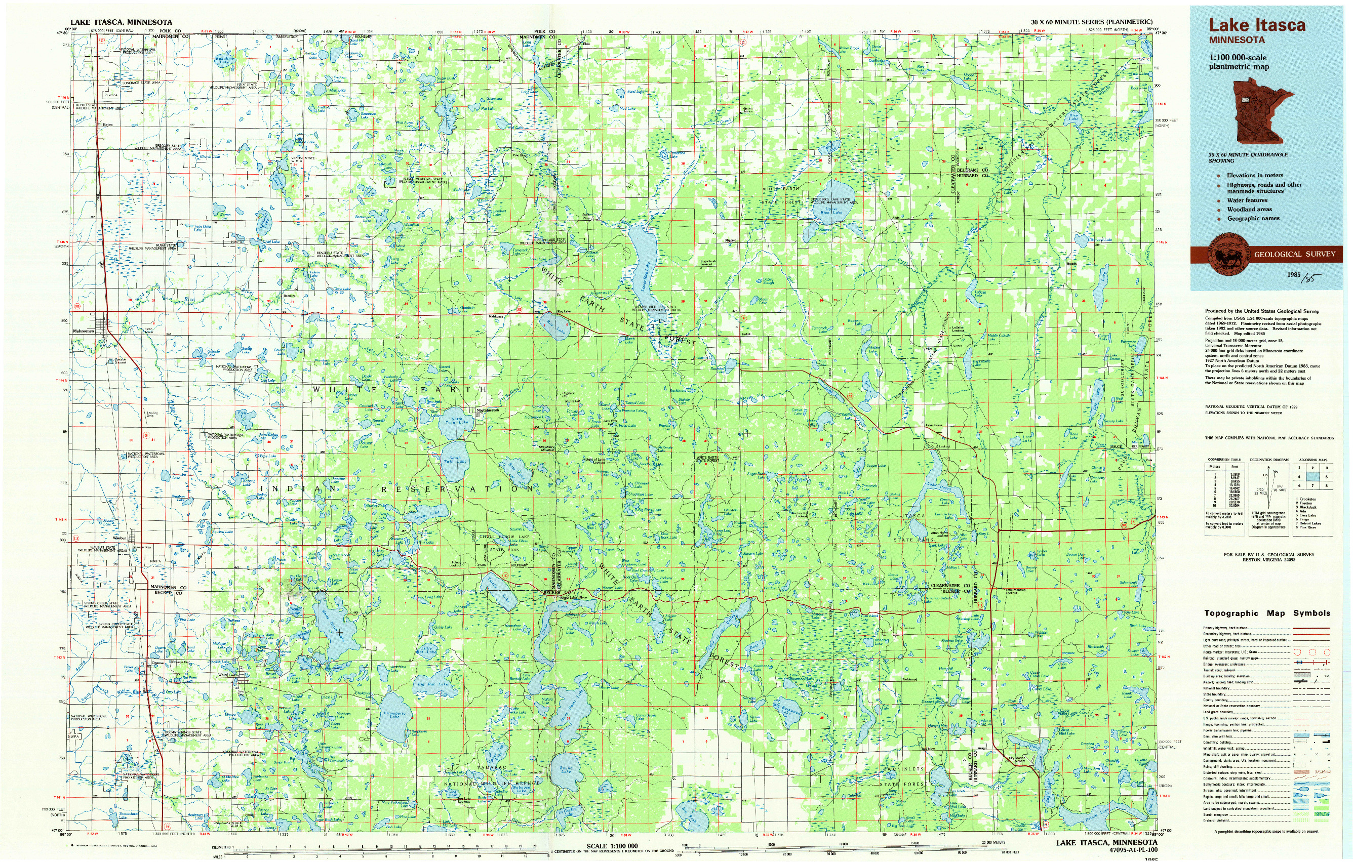 USGS 1:100000-SCALE QUADRANGLE FOR LAKE ITASCA, MN 1985