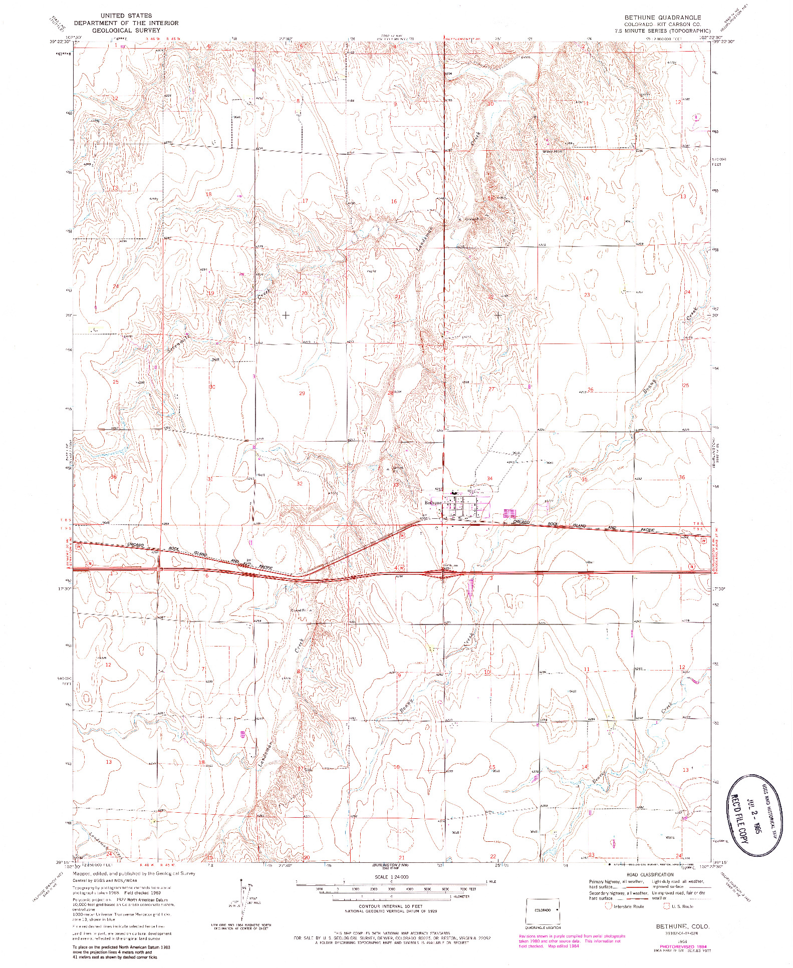 USGS 1:24000-SCALE QUADRANGLE FOR BETHUNE, CO 1969