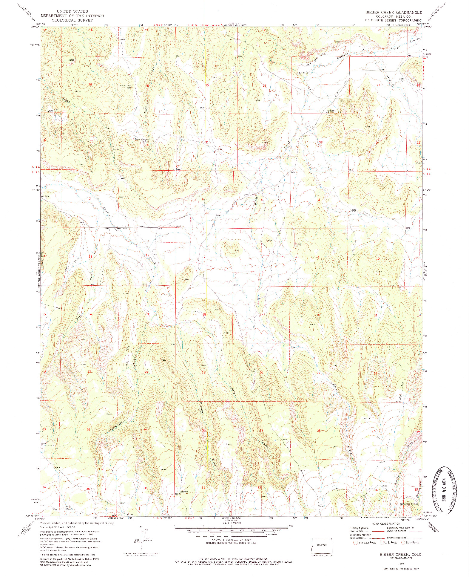 USGS 1:24000-SCALE QUADRANGLE FOR BIESER CREEK, CO 1969