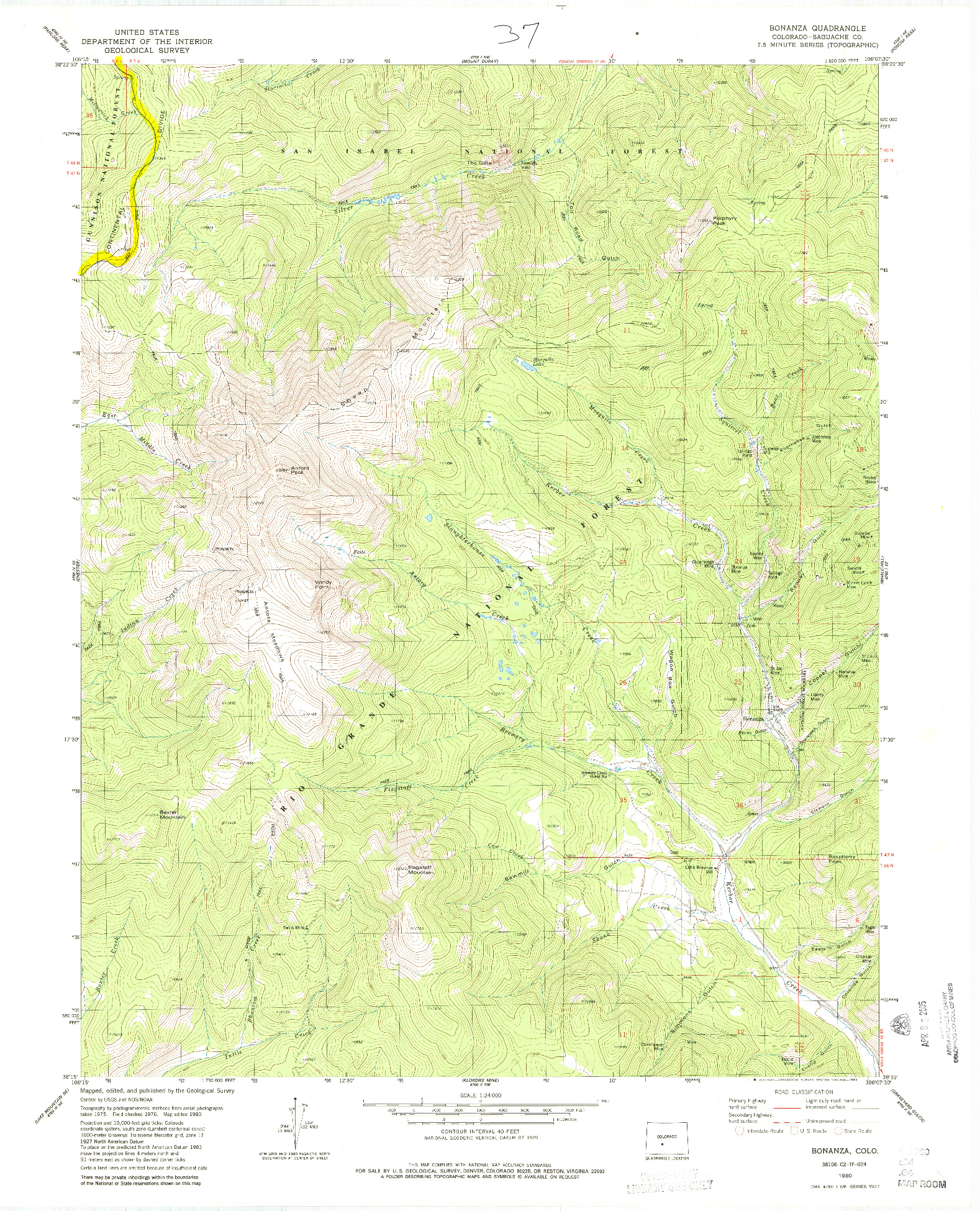 USGS 1:24000-SCALE QUADRANGLE FOR BONANZA, CO 1980