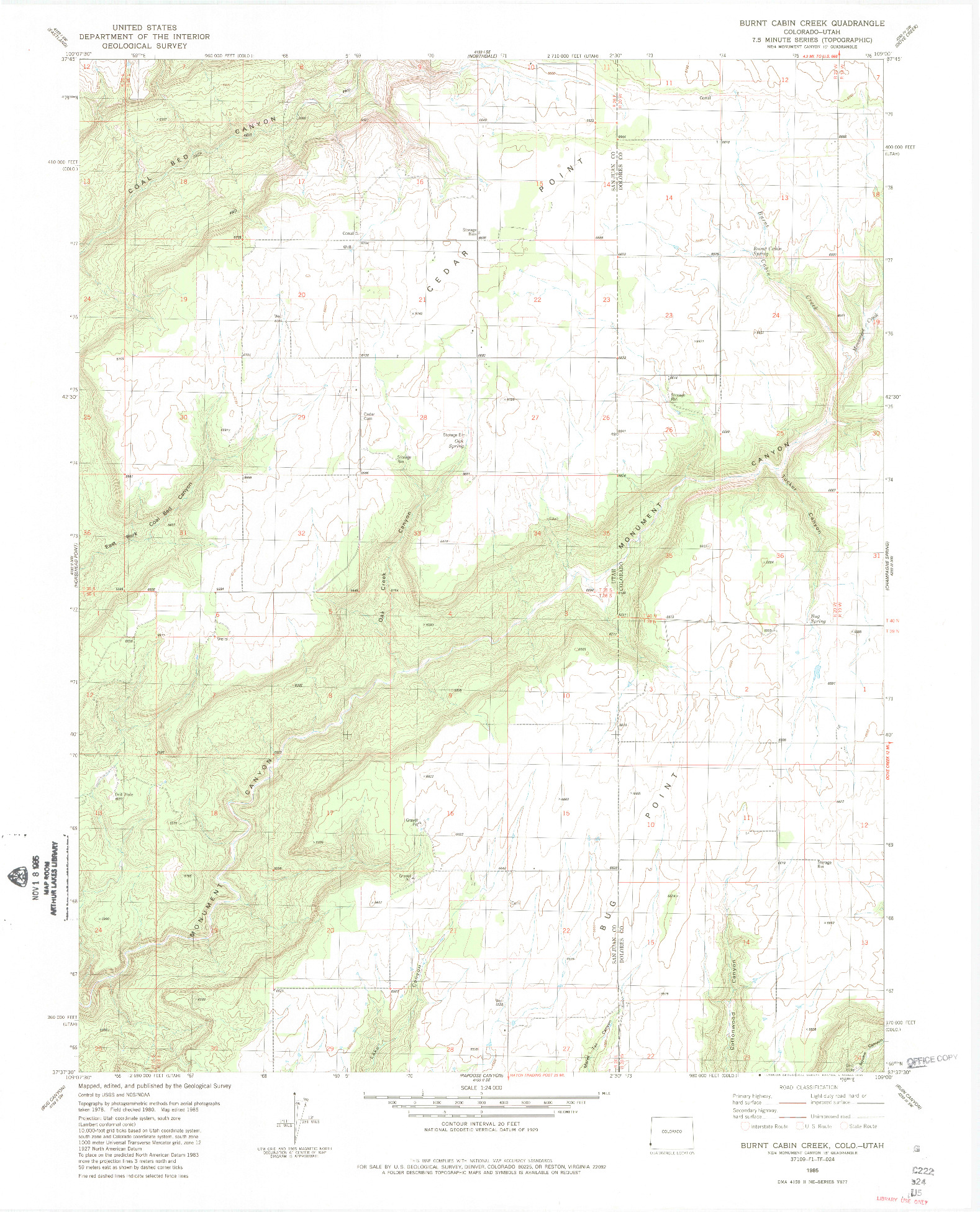 USGS 1:24000-SCALE QUADRANGLE FOR BURNT CABIN CREEK, CO 1985